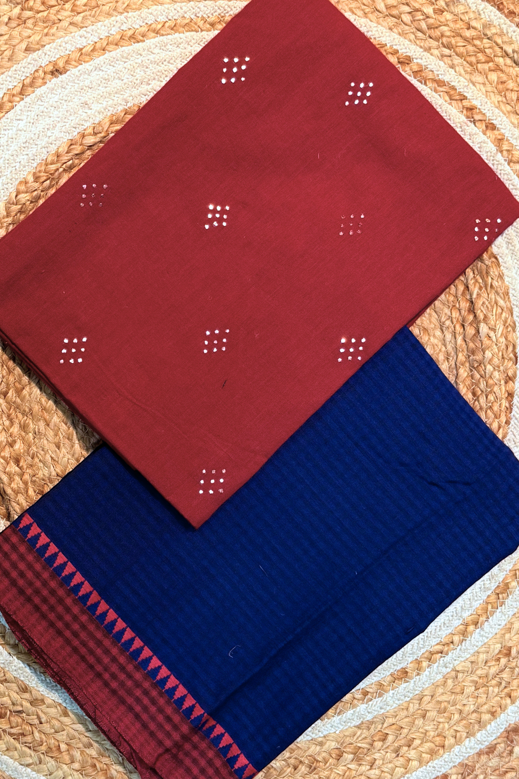 handloom cotton 2 pc set - Red Top & Blue Checks Bottom with Border