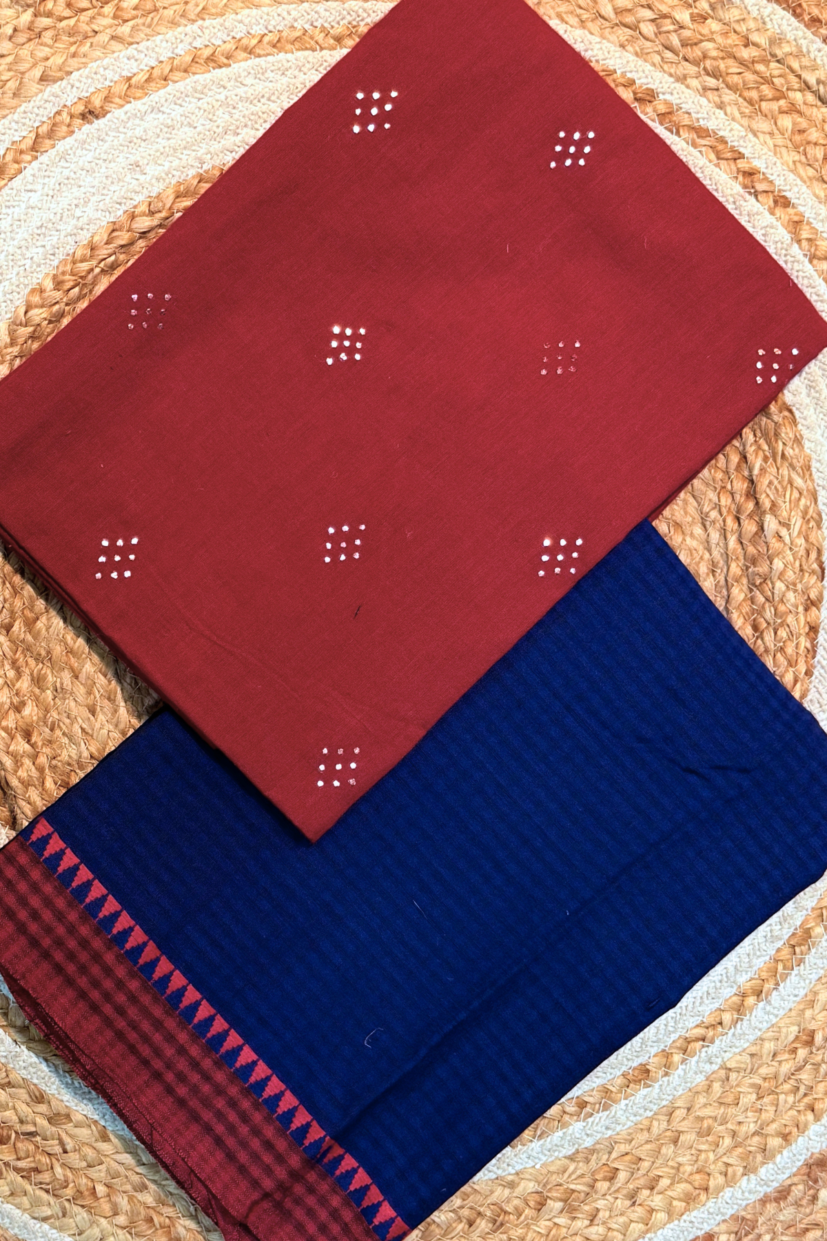 handloom cotton 2 pc set - Red Top & Blue Checks Bottom with Border