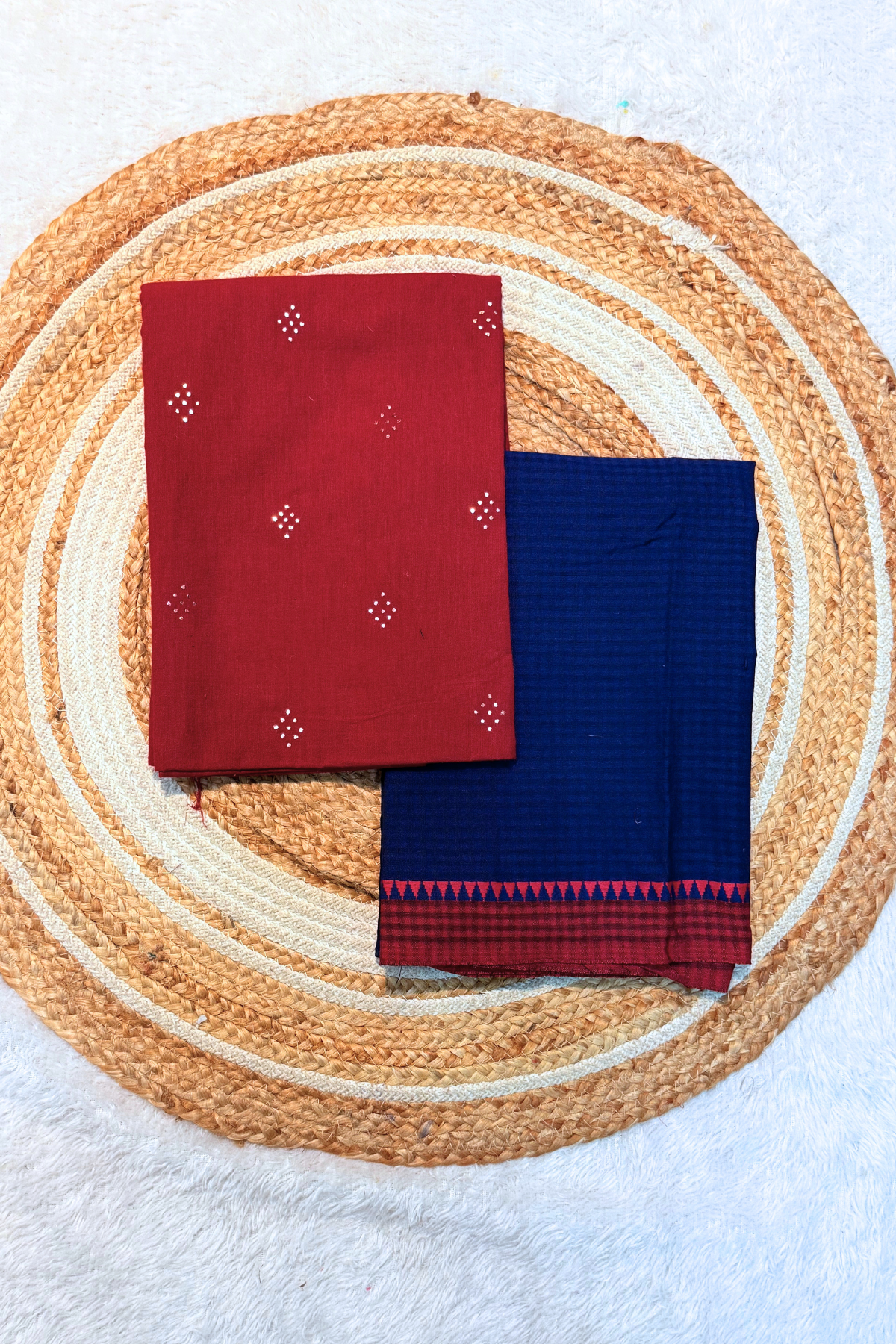 handloom cotton 2 pc set - Red Top & Blue Checks Bottom with Border