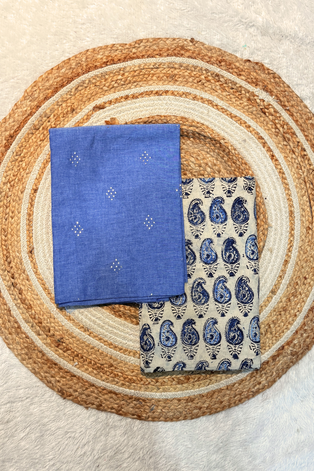 Handloom Cotton 2 Pc Set - Powder Blue Top With Printed Off-White Bottom
