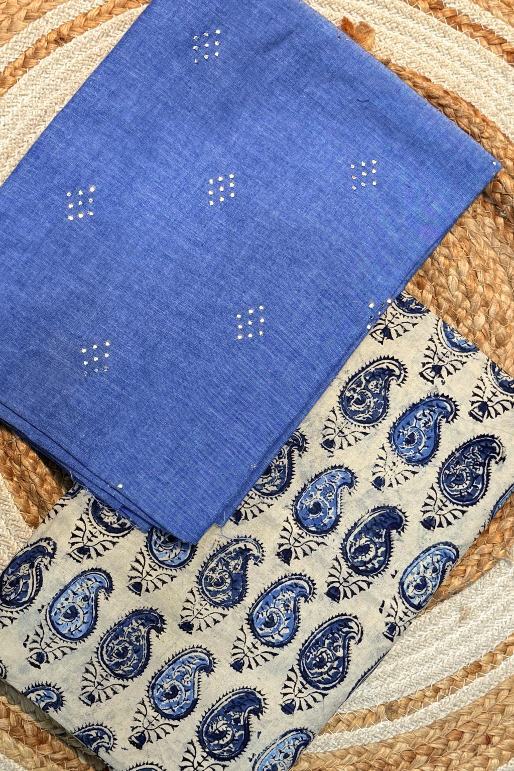 Handloom Cotton 2 Pc Set - Powder Blue Top With Printed Off-White Bottom