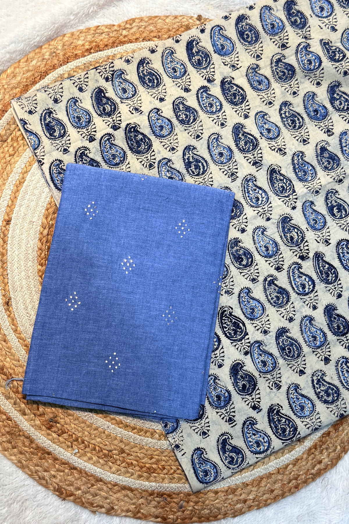 Handloom Cotton 2 Pc Set - Powder Blue Top With Printed Off-White Bottom