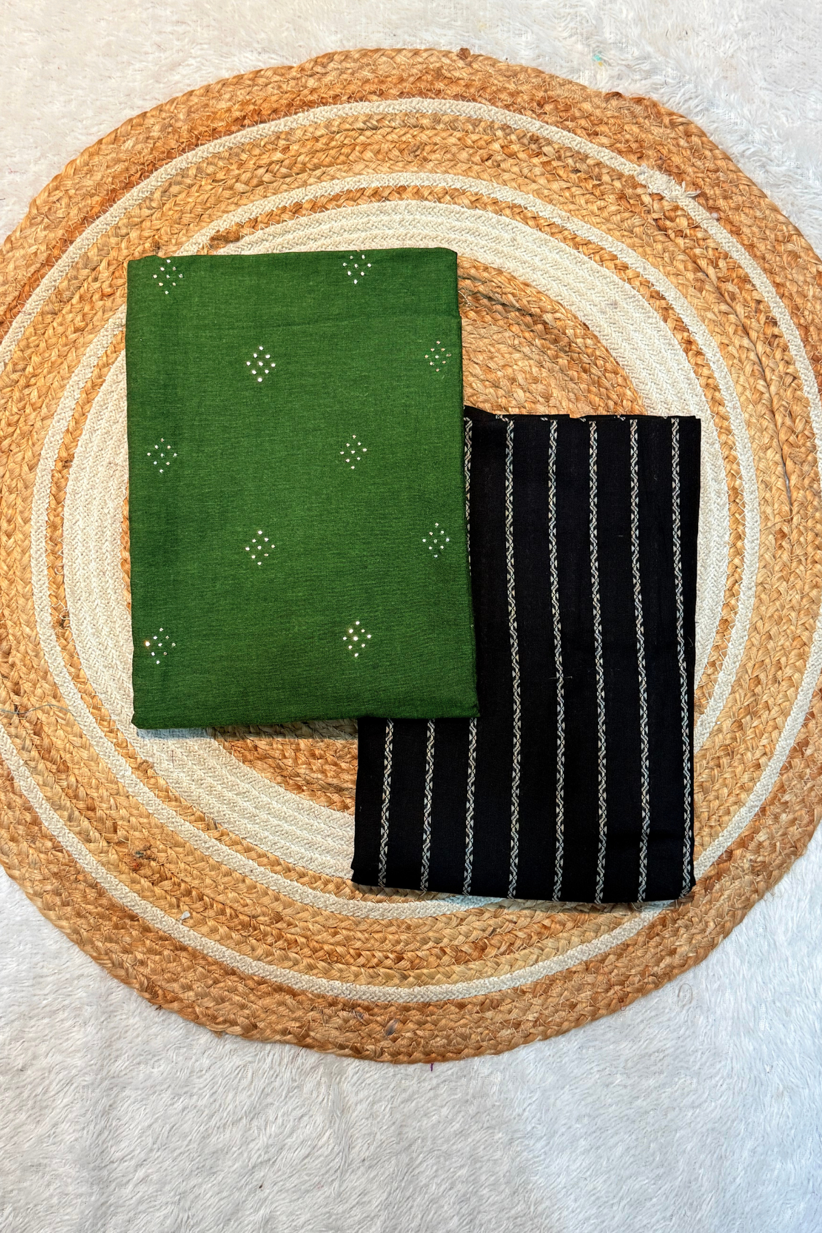 Handloom cotton 2 pc set - green Top & Black Bottom With Vertical Lines
