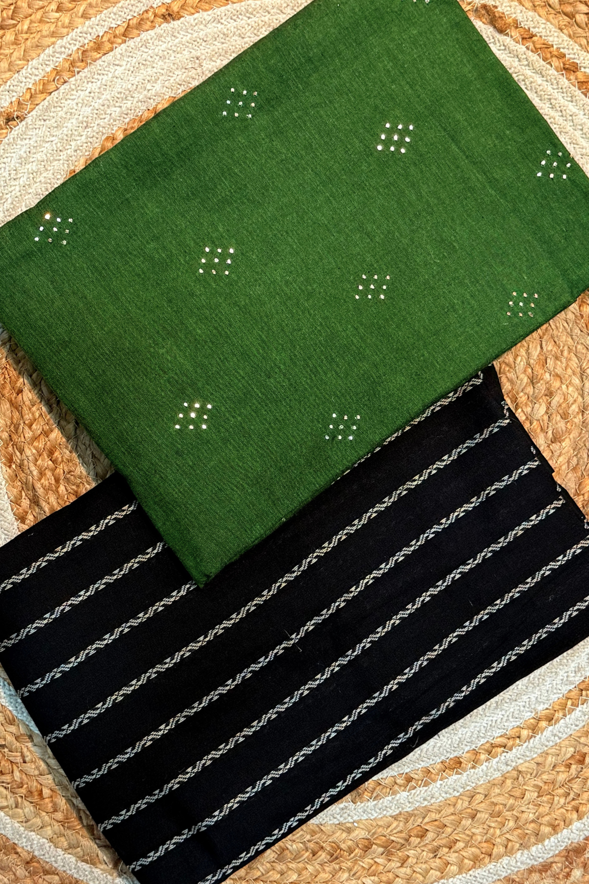 Handloom cotton 2 pc set - green Top & Black Bottom With Vertical Lines