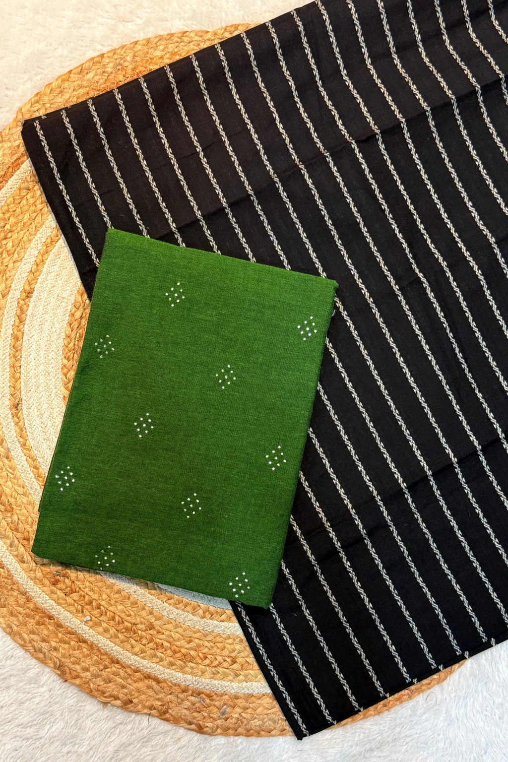 Handloom cotton 2 pc set - green Top & Black Bottom With Vertical Lines