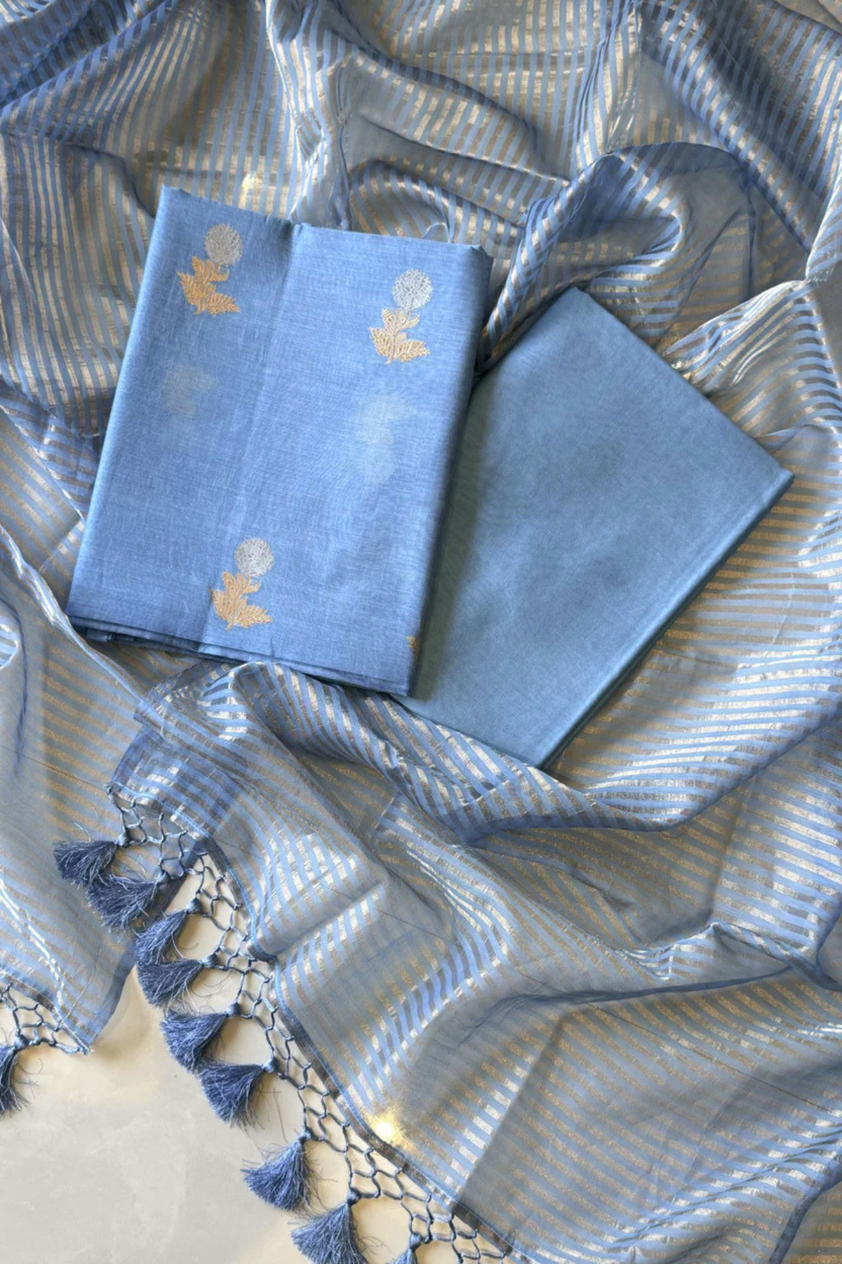Pure Mul Chanderi With Kadwa Weaving - Pastel Blue