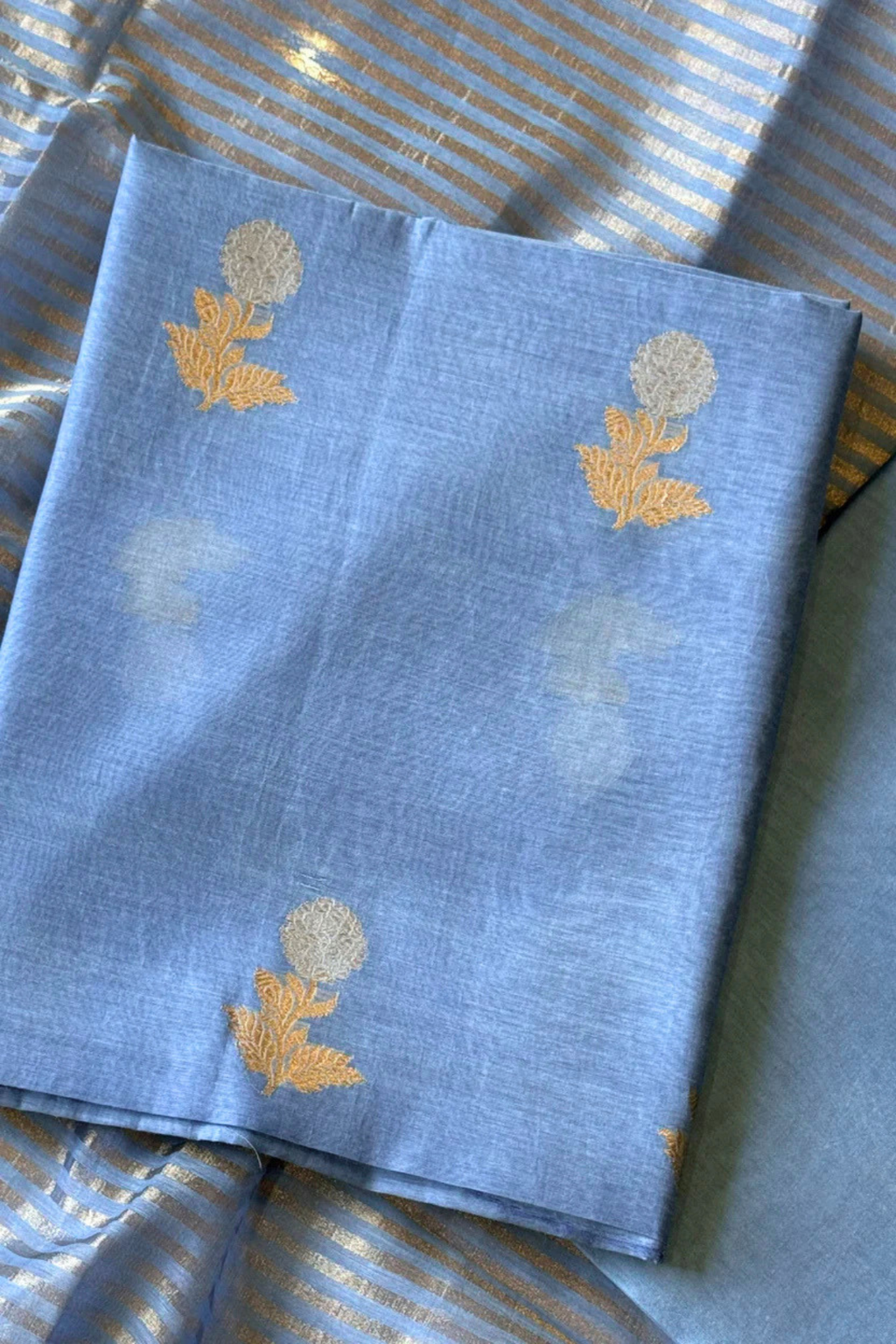 Pure Mul Chanderi With Kadwa Weaving - Pastel Blue
