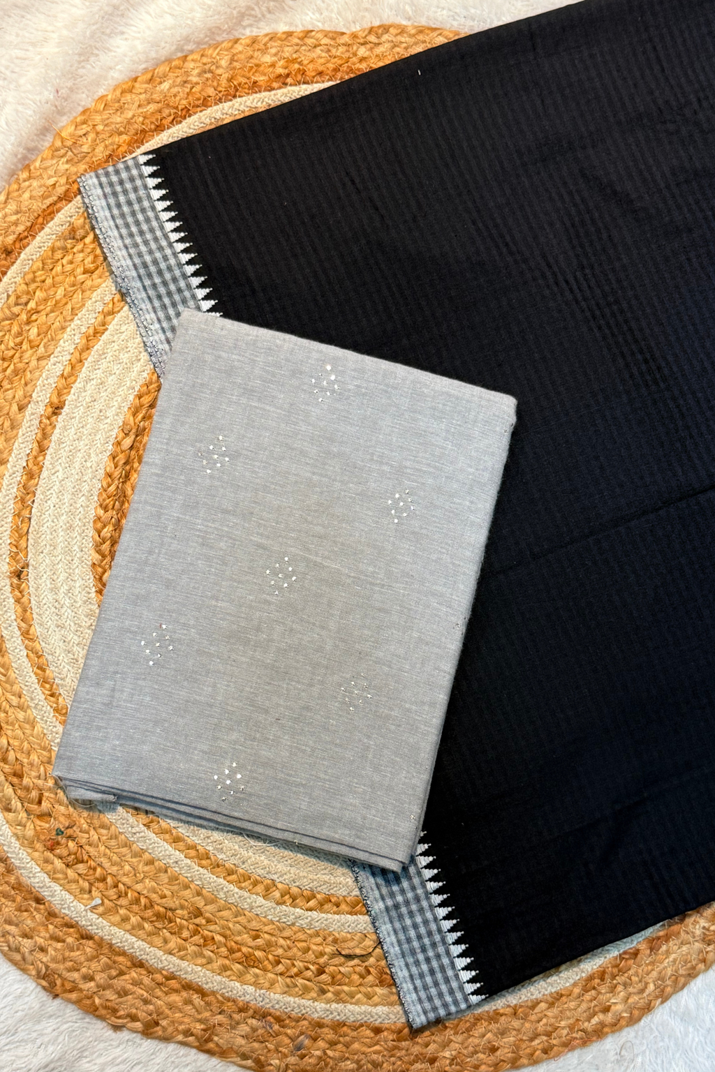 Handloom Cotton 2 Pc Set - Gray & Black Checks Bottom With Border