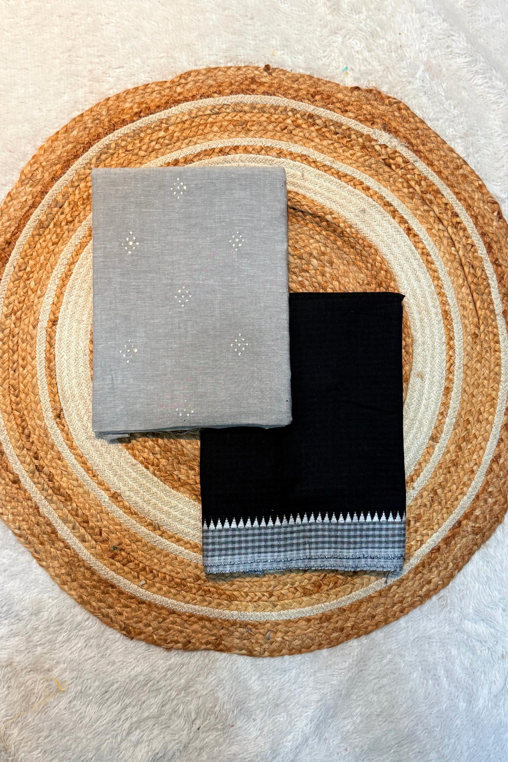 Handloom Cotton 2 Pc Set - Gray & Black Checks Bottom With Border