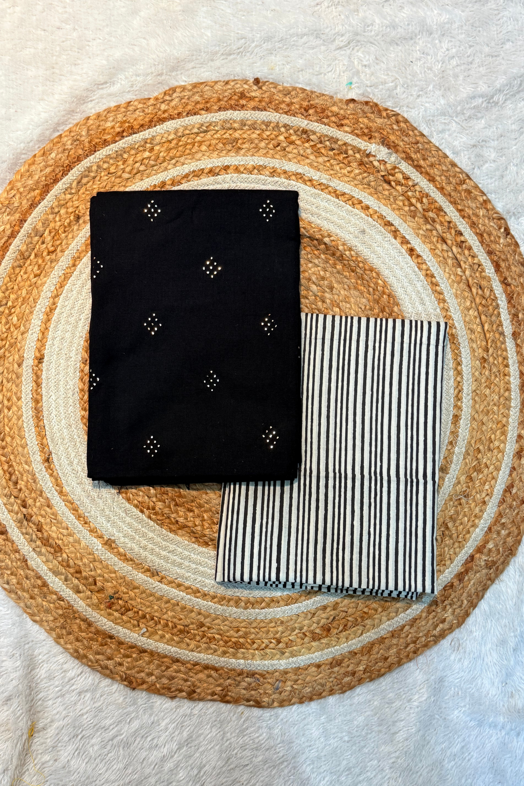 Handloom Cotton 2 Pc Set - Black With Printed Line Bottom