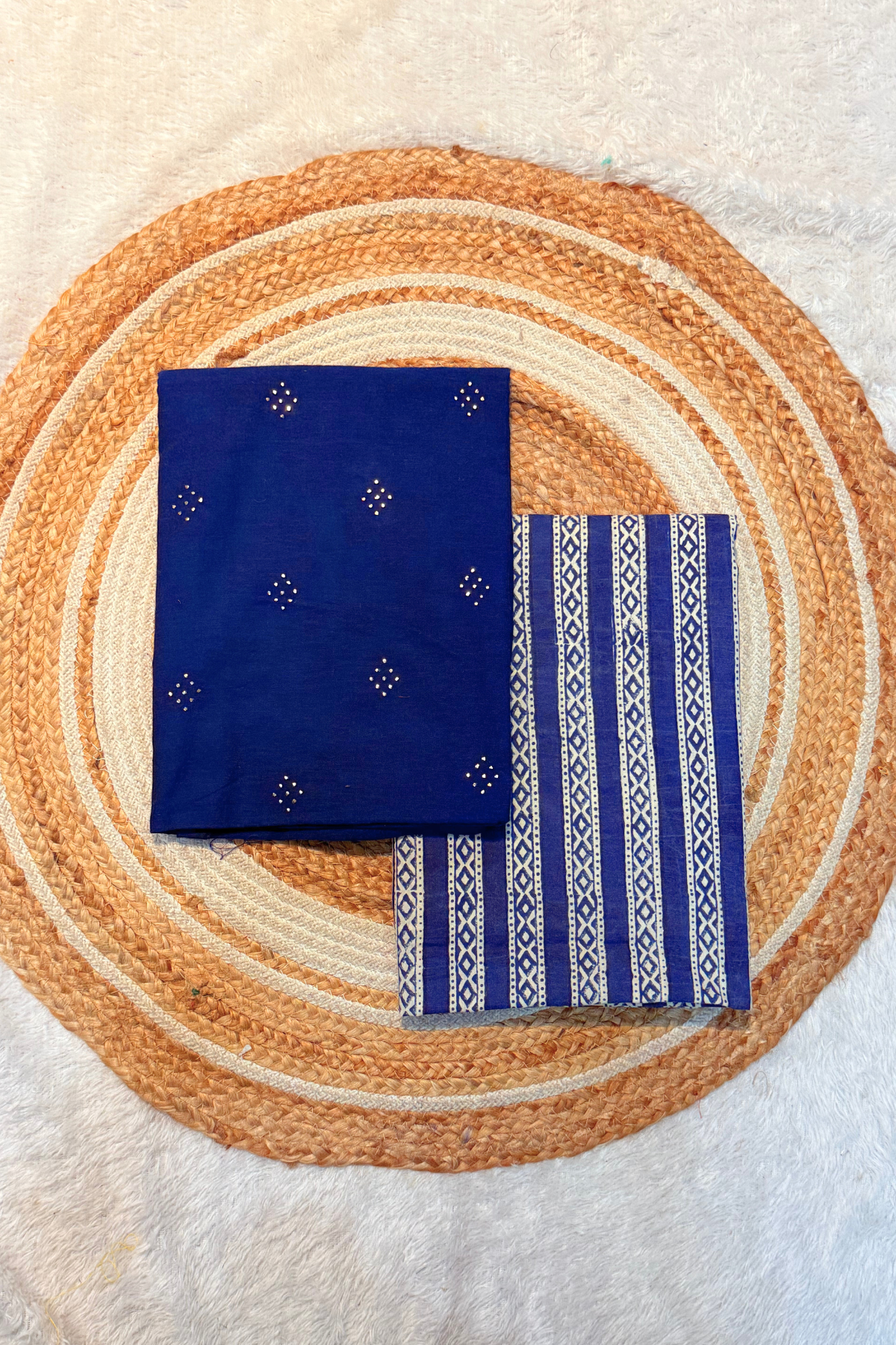 Handloom Cotton 2 Pc Set - Navy Blue With Printed Line Bottom
