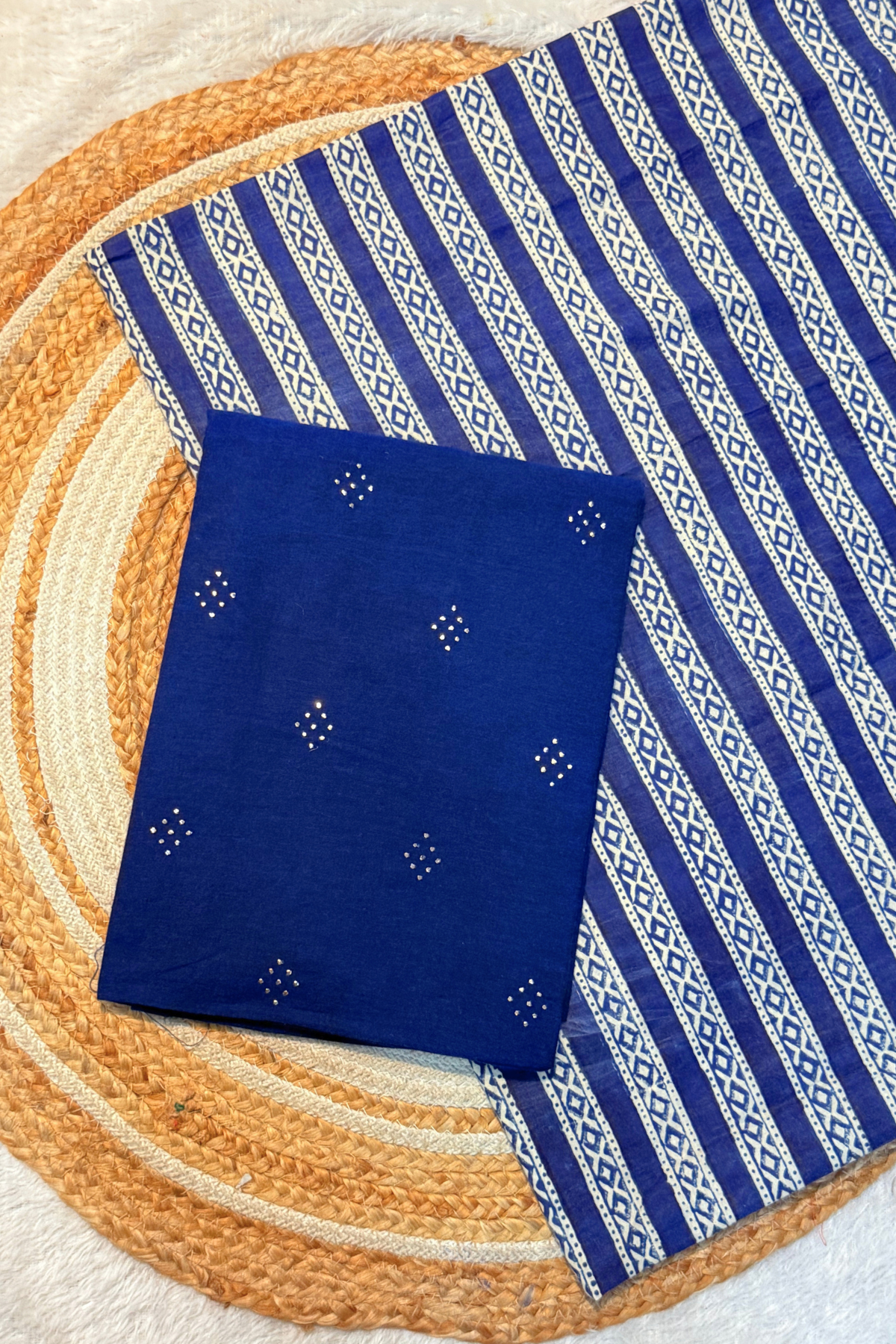 Handloom Cotton 2 Pc Set - Navy Blue With Printed Line Bottom