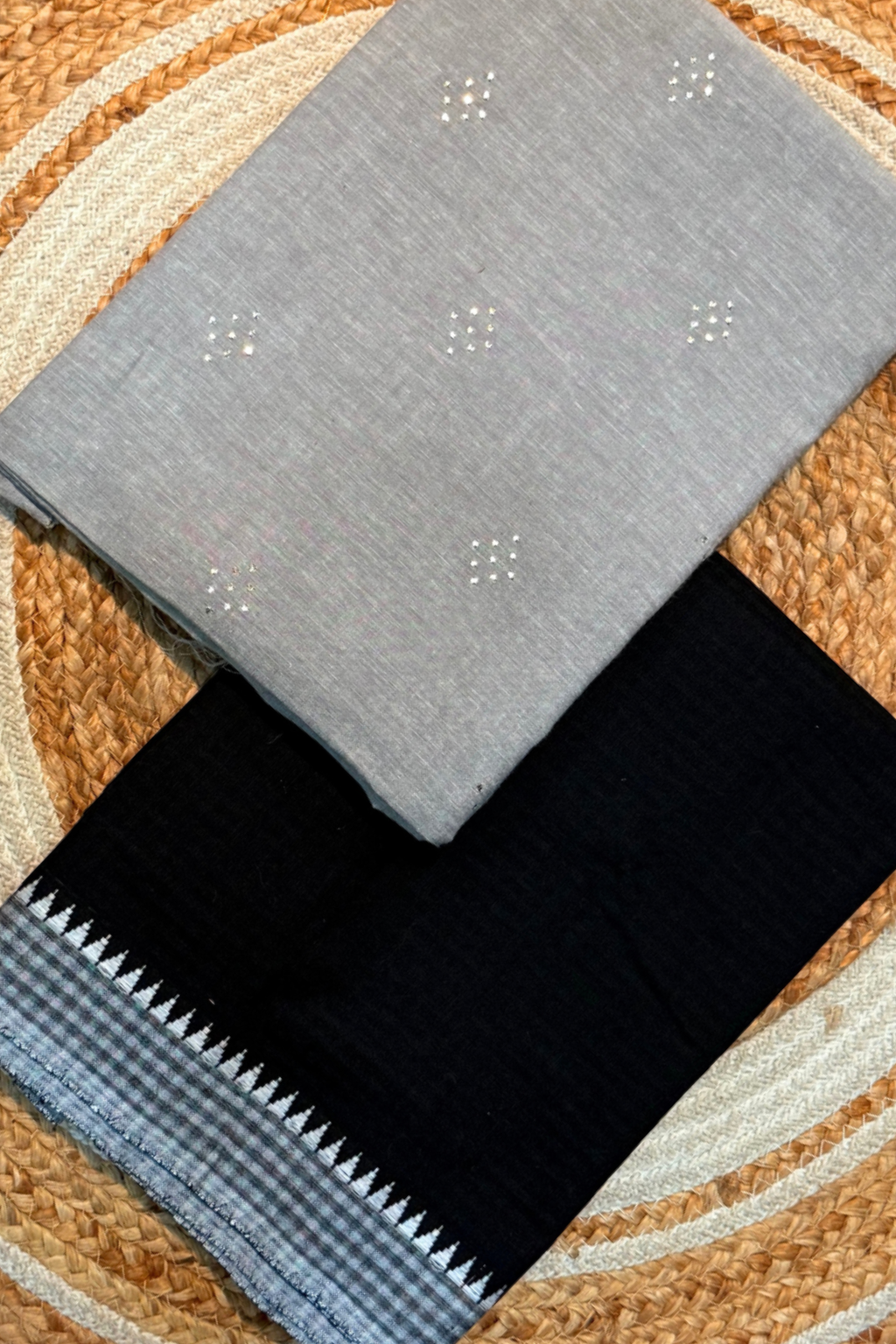 Handloom Cotton 2 Pc Set - Gray & Black Checks Bottom With Border