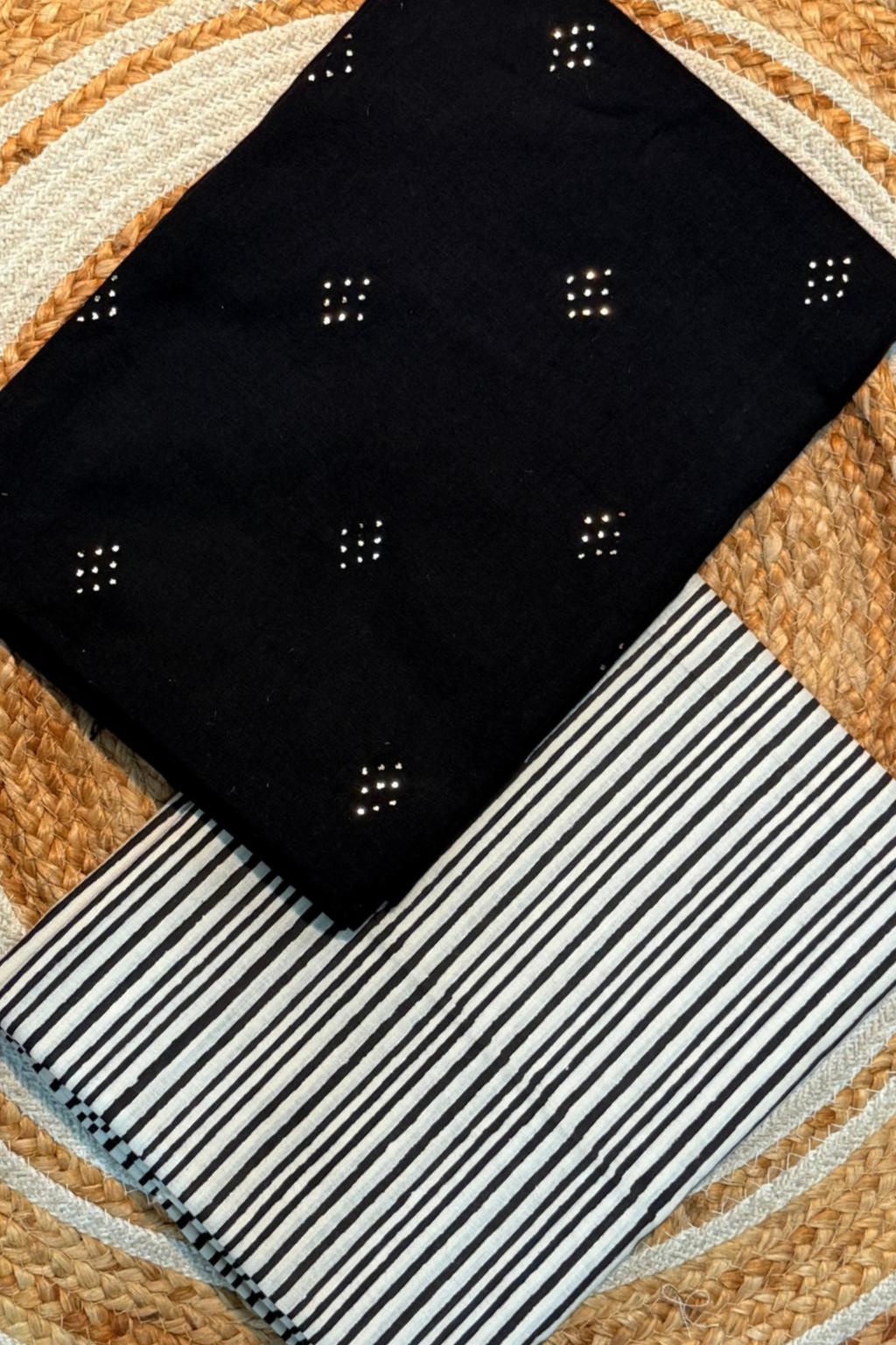 Handloom Cotton 2 Pc Set - Black With Printed Line Bottom