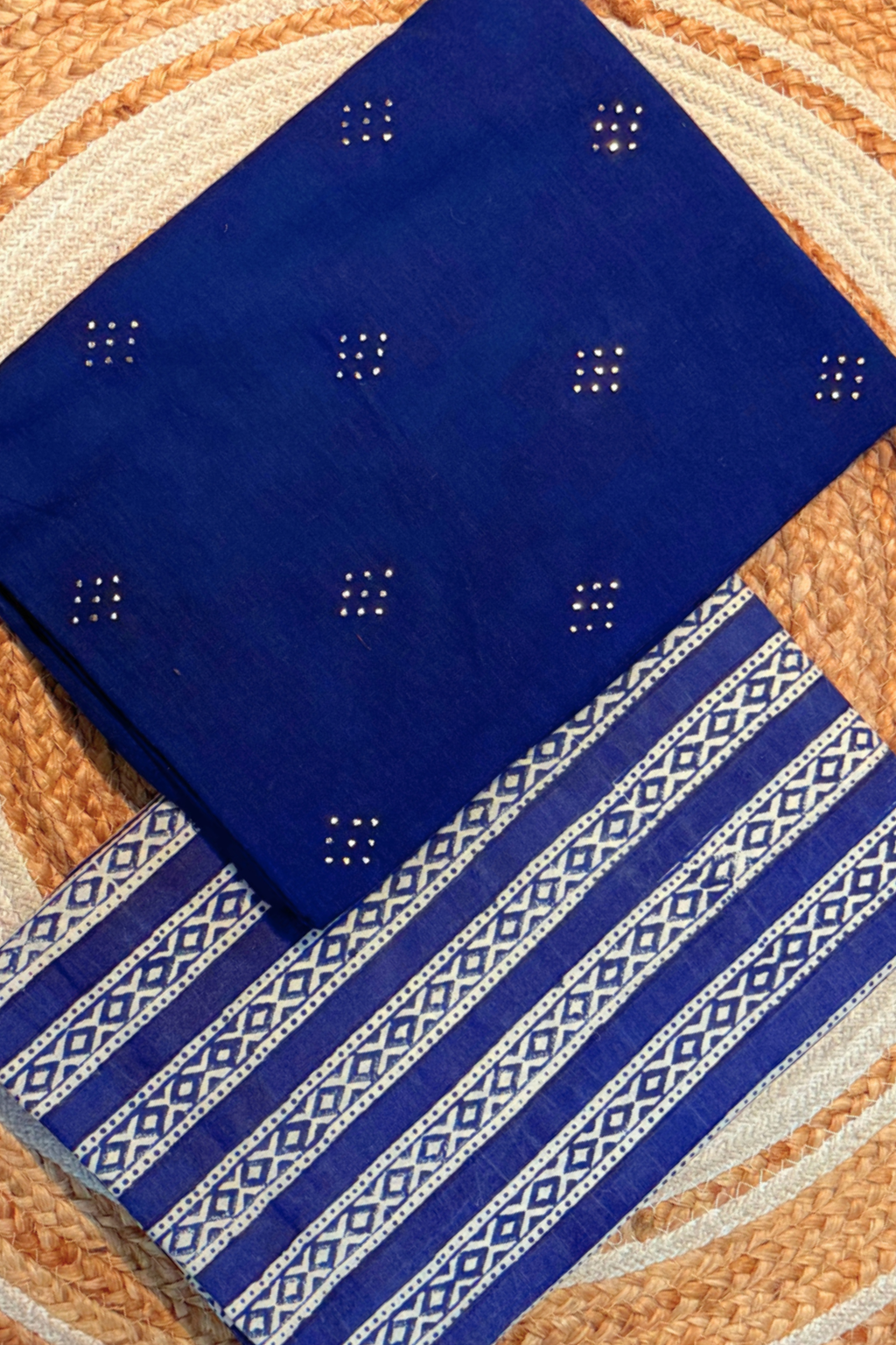 Handloom Cotton 2 Pc Set - Navy Blue With Printed Line Bottom