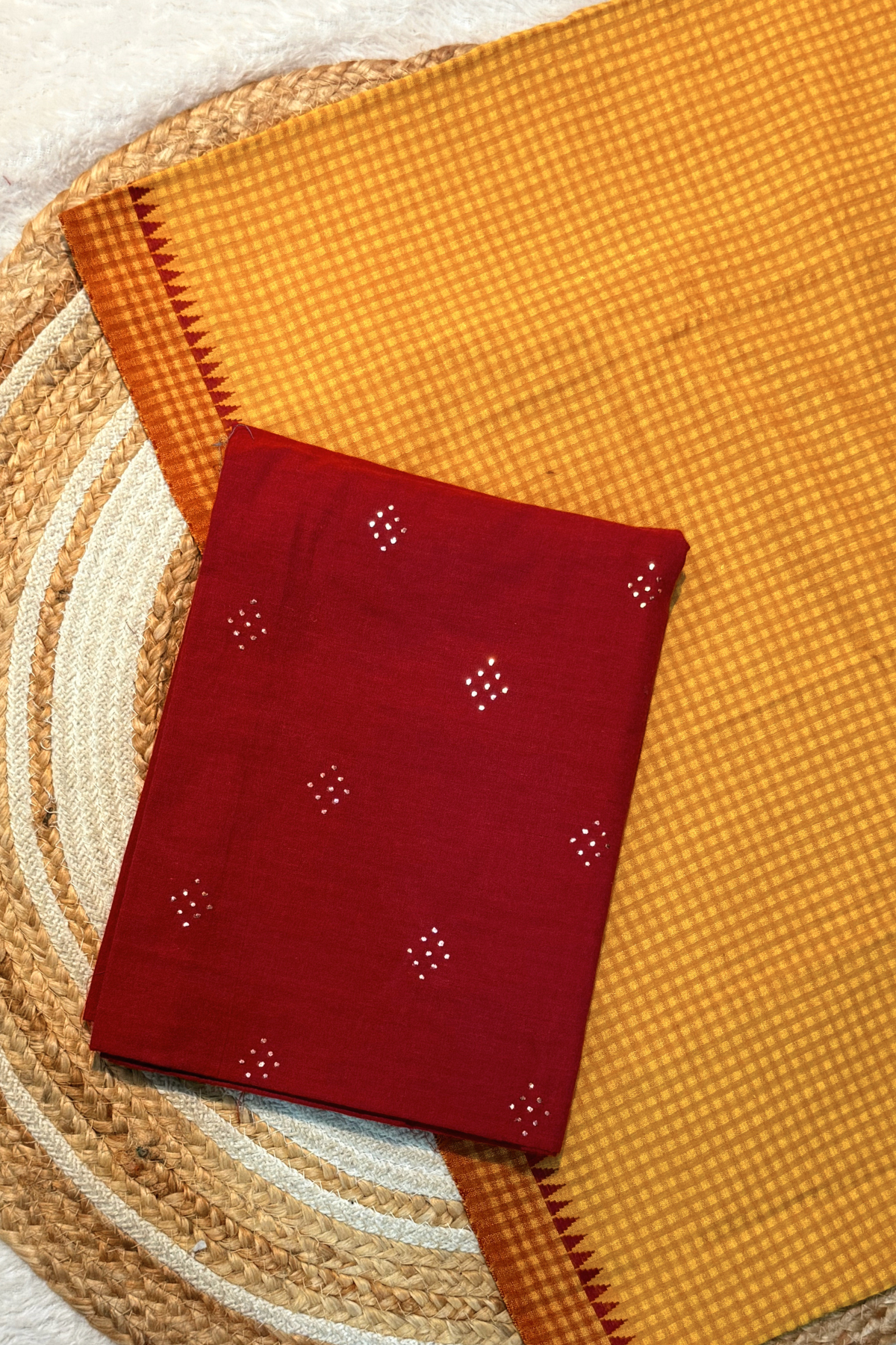 Handloom Cotton 2 Pc Set - Red & Yellow Checks Bottom With Border