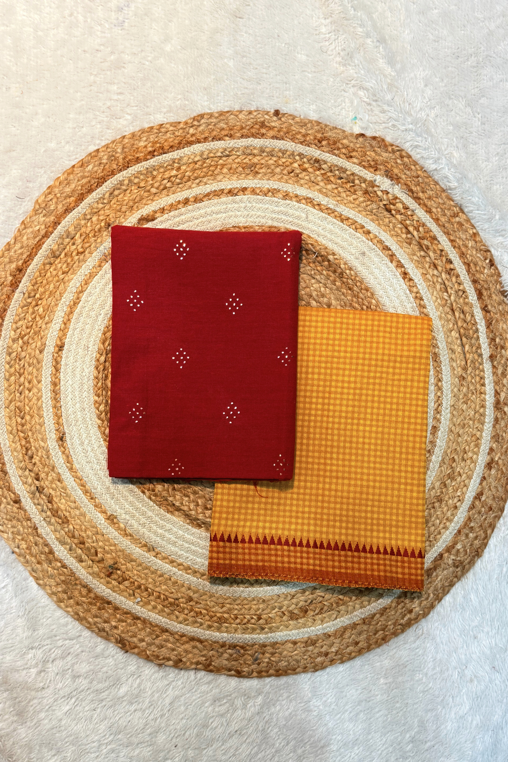 Handloom Cotton 2 Pc Set - Red & Yellow Checks Bottom With Border