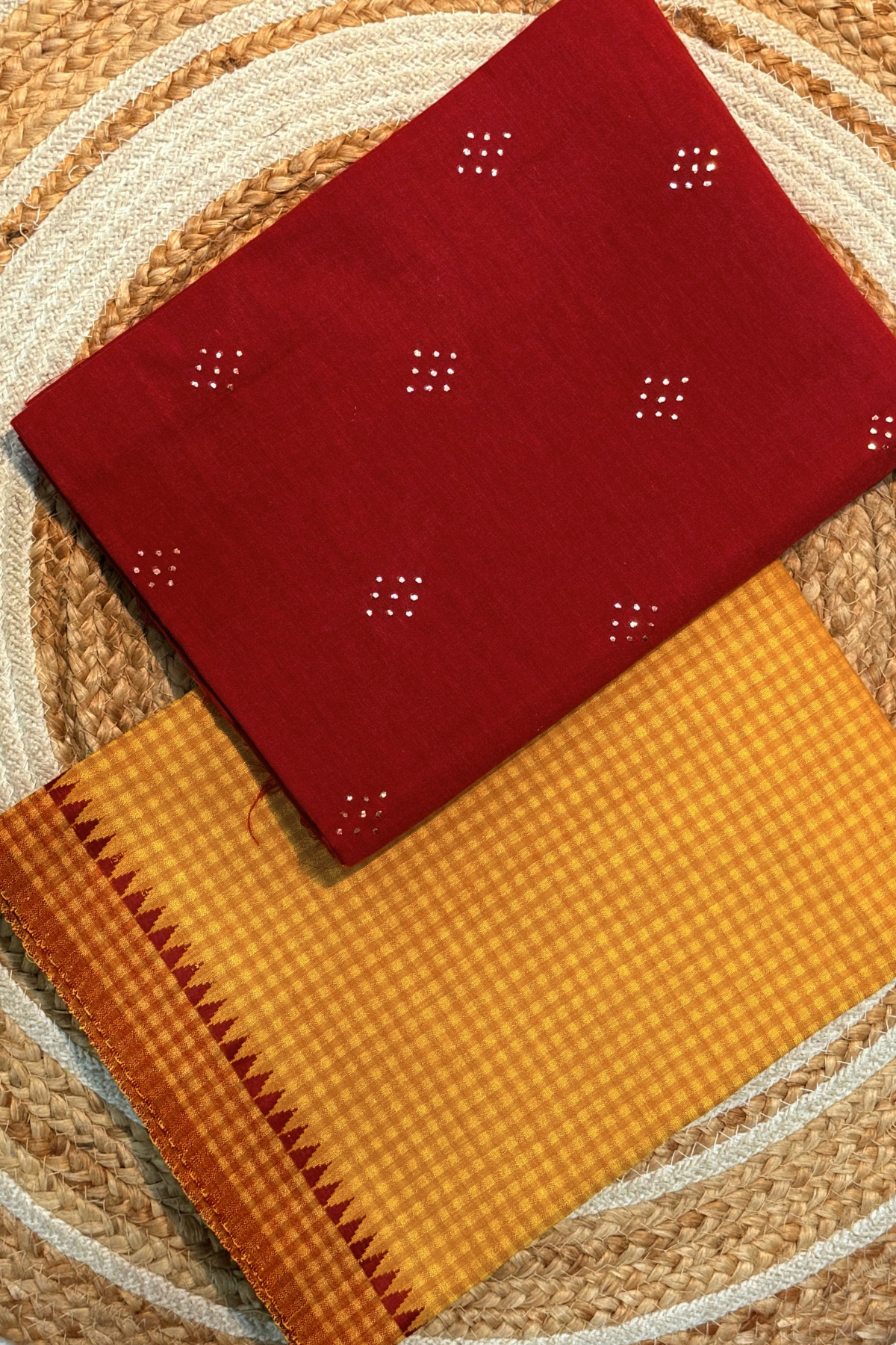 Handloom Cotton 2 Pc Set - Red & Yellow Checks Bottom With Border