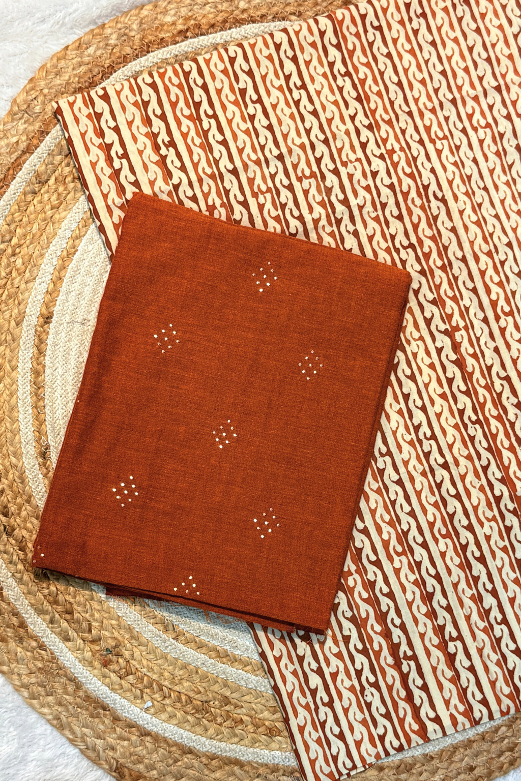 Handloom Cotton 2 Pc Set - Rust Orange With Ajrak Printed Bottom
