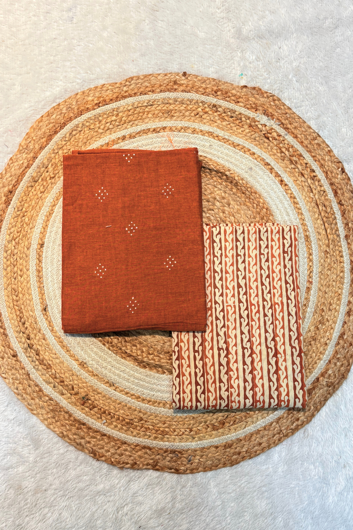 Handloom Cotton 2 Pc Set - Rust Orange With Ajrak Printed Bottom