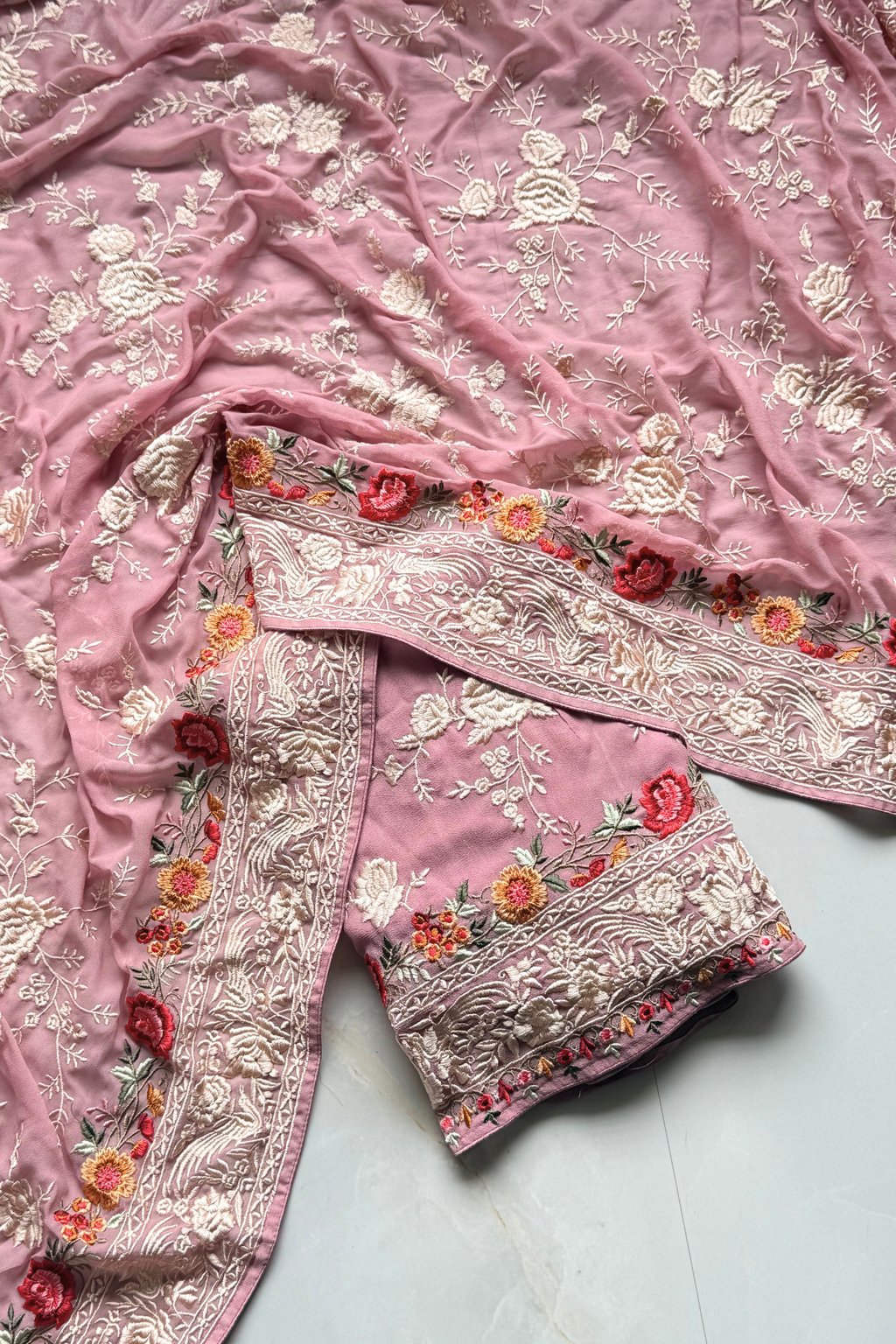 Pure Georjette With heavy Parsi Work Unstitched Suit Set - Onion Pink