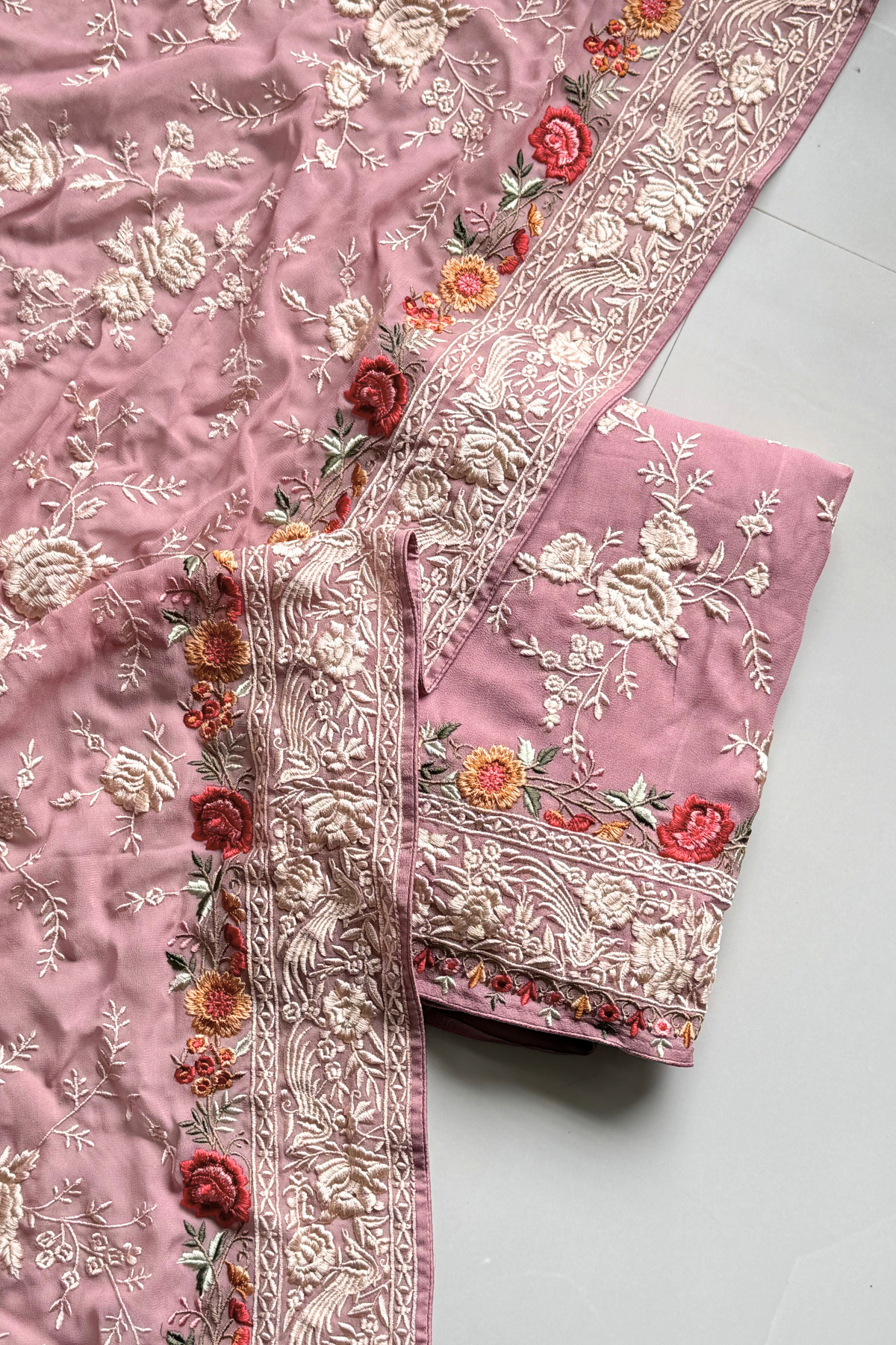 Pure Georjette With heavy Parsi Work Unstitched Suit Set - Onion Pink