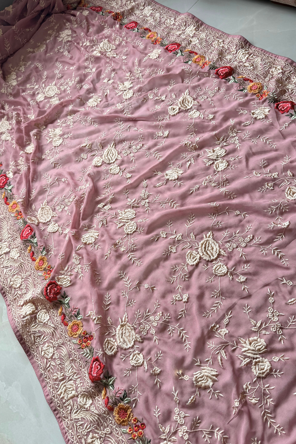 Pure Georjette With heavy Parsi Work Unstitched Suit Set - Onion Pink