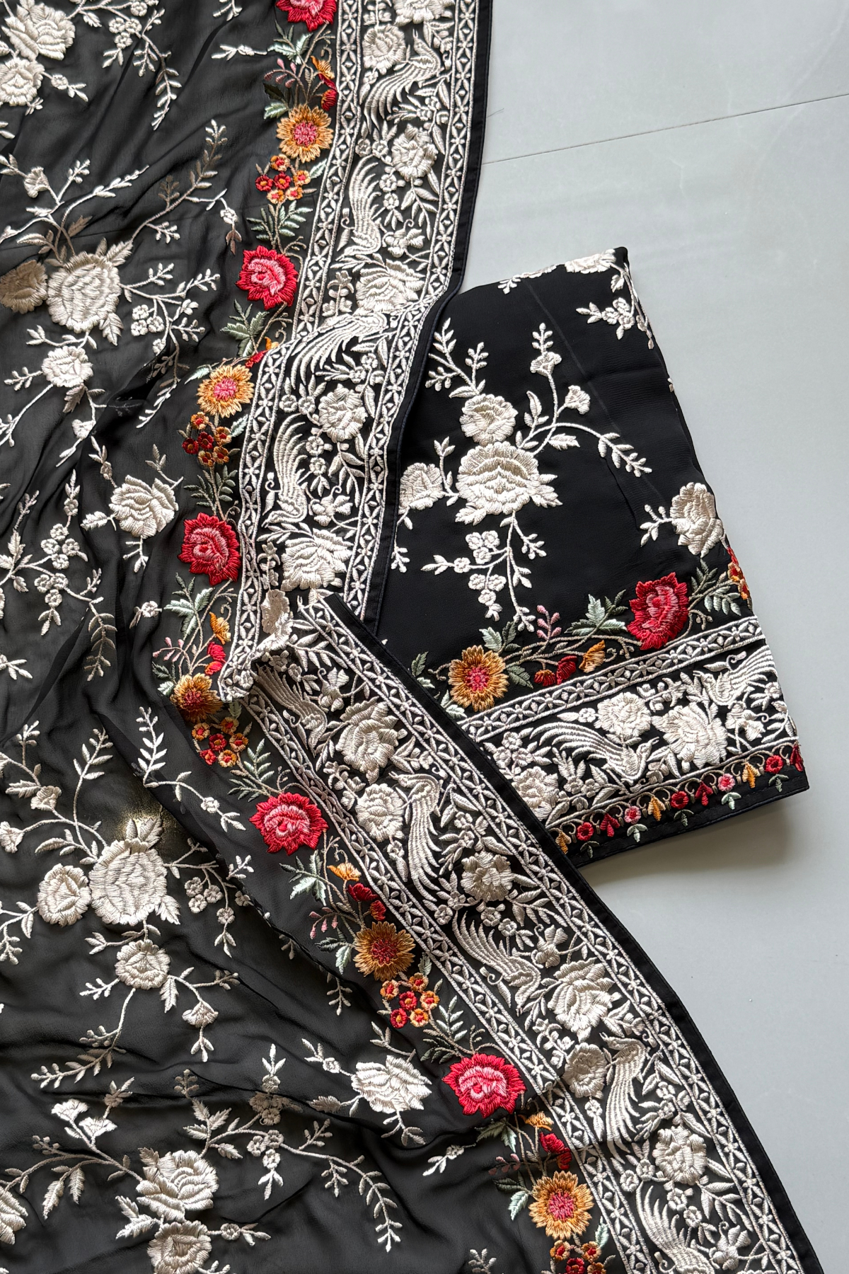 Pure Georjette With heavy Parsi Work Unstitched Suit Set - Black