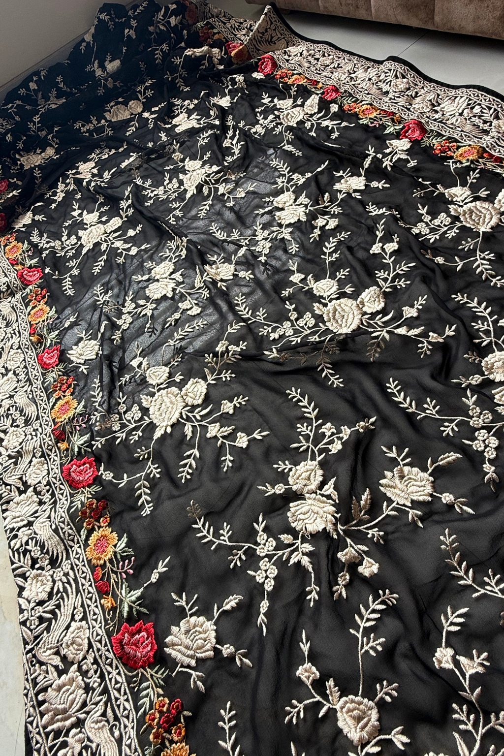 Pure Georjette With heavy Parsi Work Unstitched Suit Set - Black
