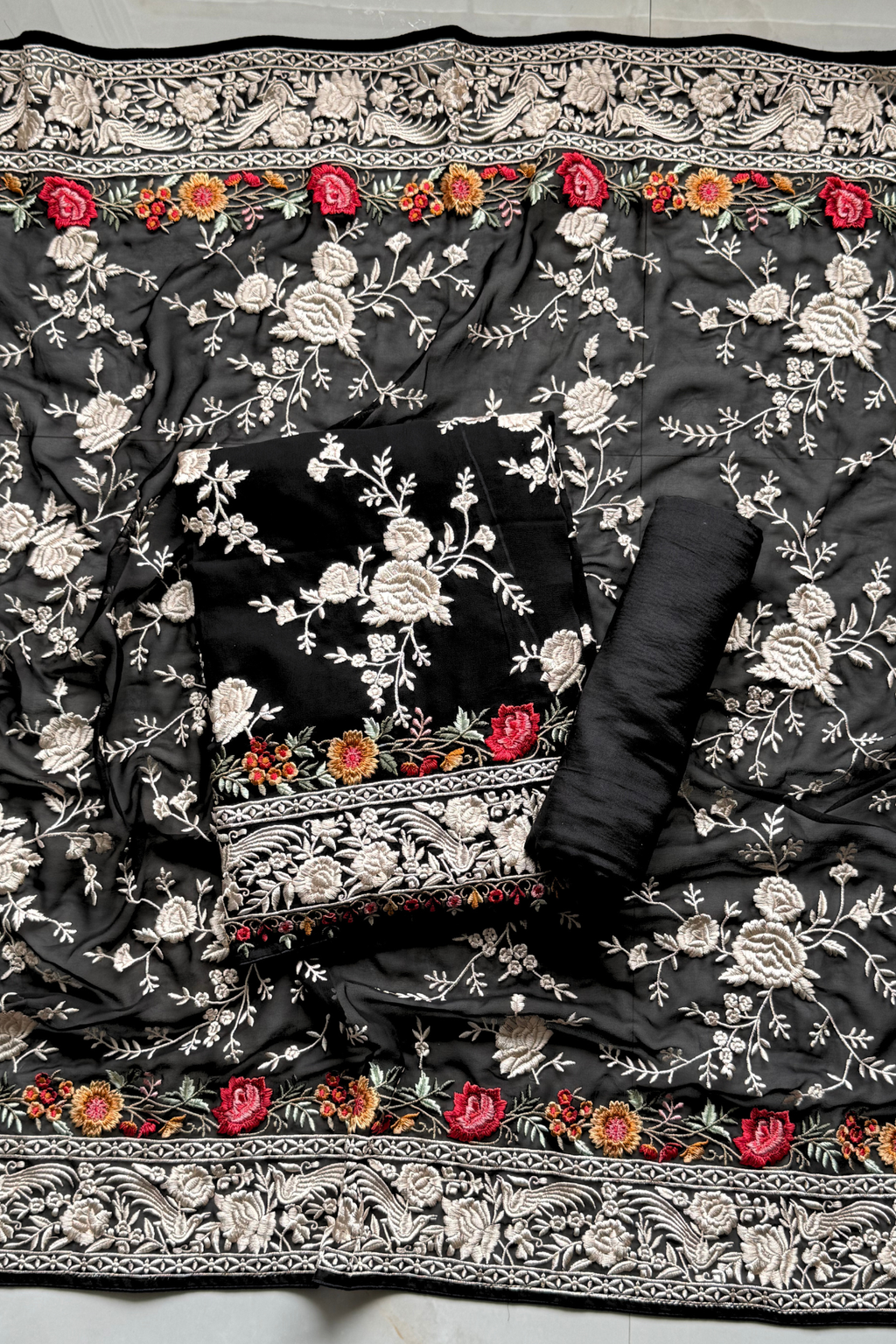 Pure Georjette With heavy Parsi Work Unstitched Suit Set - Black