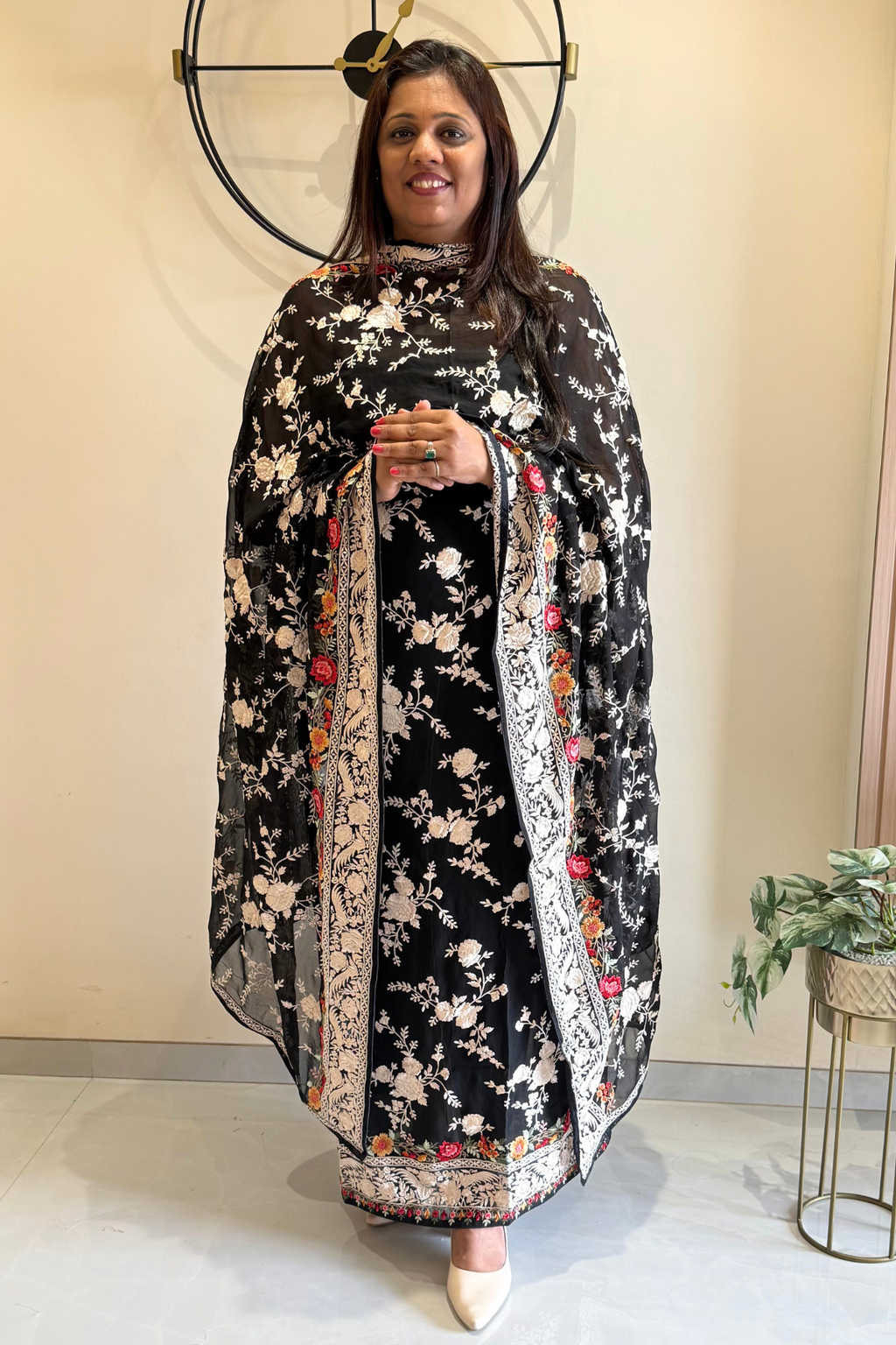 Pure Georjette With heavy Parsi Work Unstitched Suit Set - Black