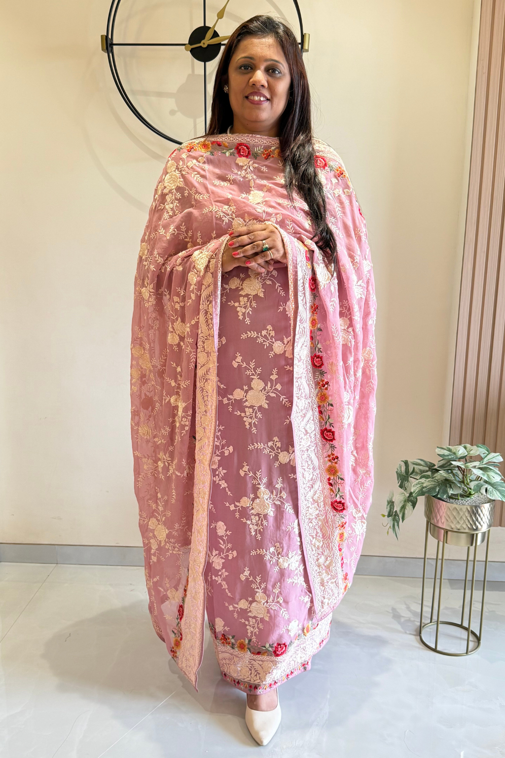 Pure Georjette With heavy Parsi Work Unstitched Suit Set - Onion Pink