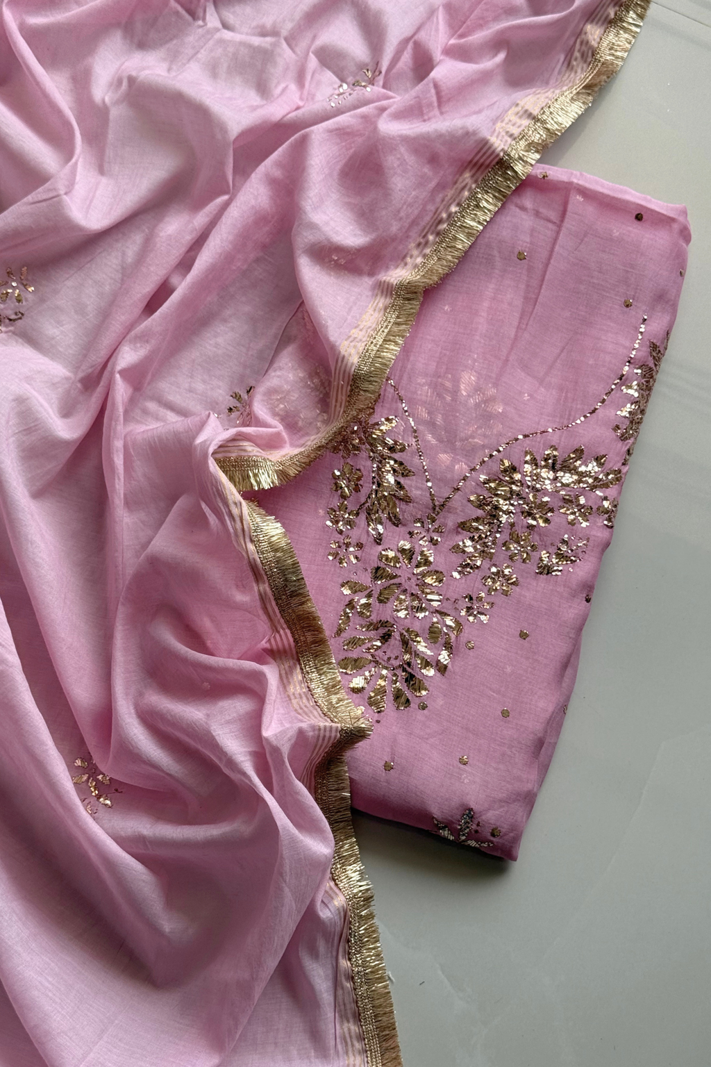 Pure Mul Chanderi Mukesh Kamdani Lucknowi Work 2-Piece Dress Suit – Pastel Pink