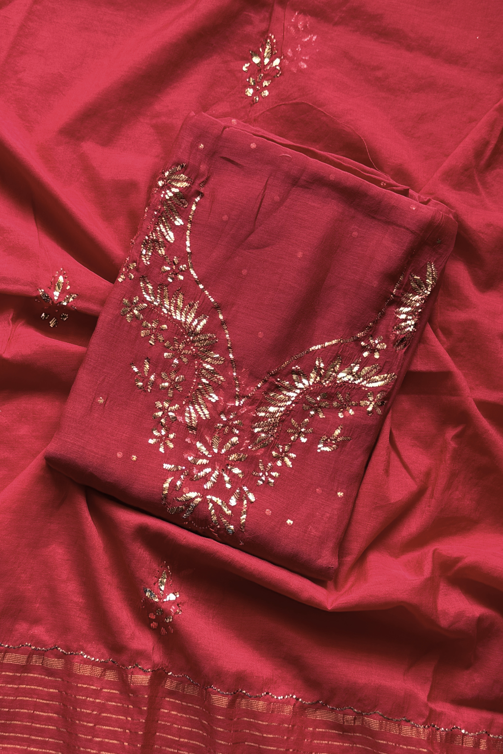 Pure Mul-Chanderi Mukesh Kamdani Lucknowi Work 2-Piece Dress Suit – Red