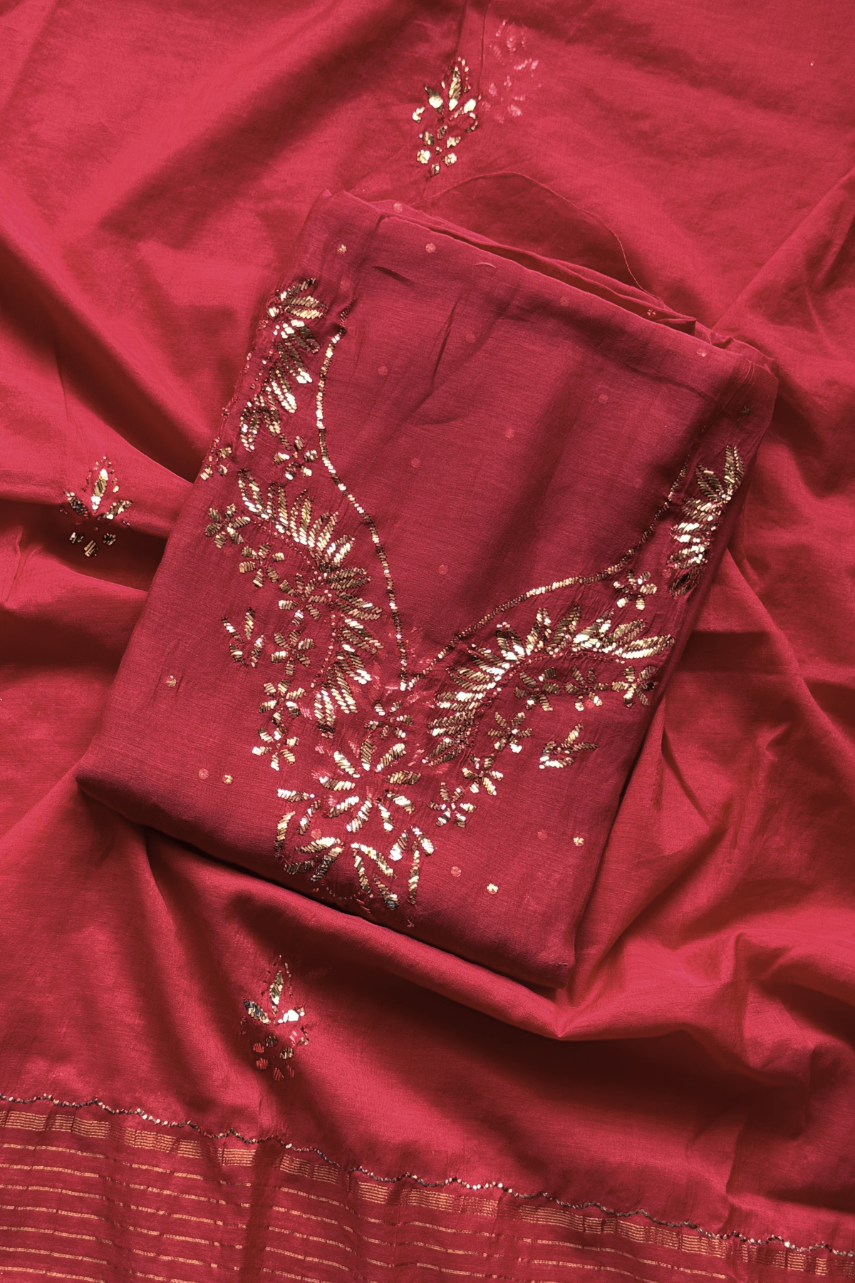 Pure Mul-Chanderi Mukesh Kamdani Lucknowi Work 2-Piece Dress Suit – Red