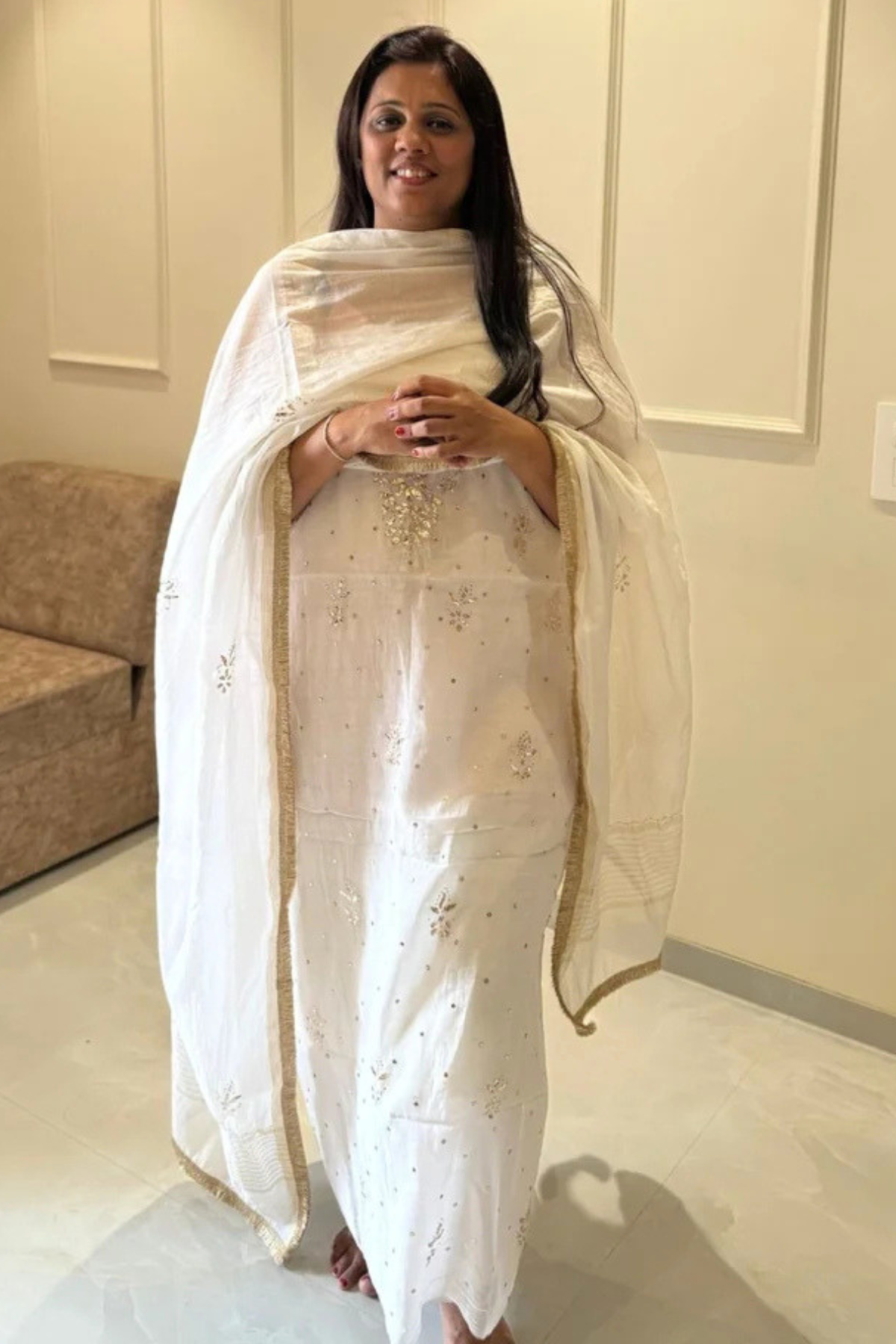Pure Mul Chanderi Mukesh Kamdani Lucknowi Work 2-Piece Dress Suit – Off White