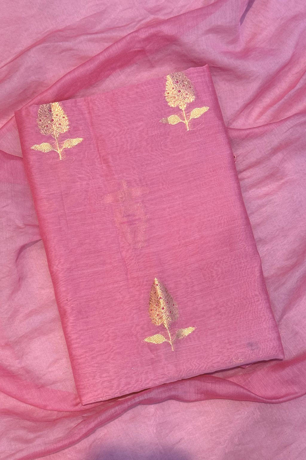 Pure Mul Chanderi Kadwa Weaving With Handwork  - Candy pink