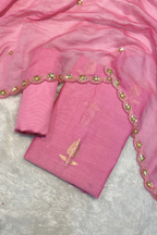 Pure Mul Chanderi Kadwa Weaving With Handwork  - Candy pink
