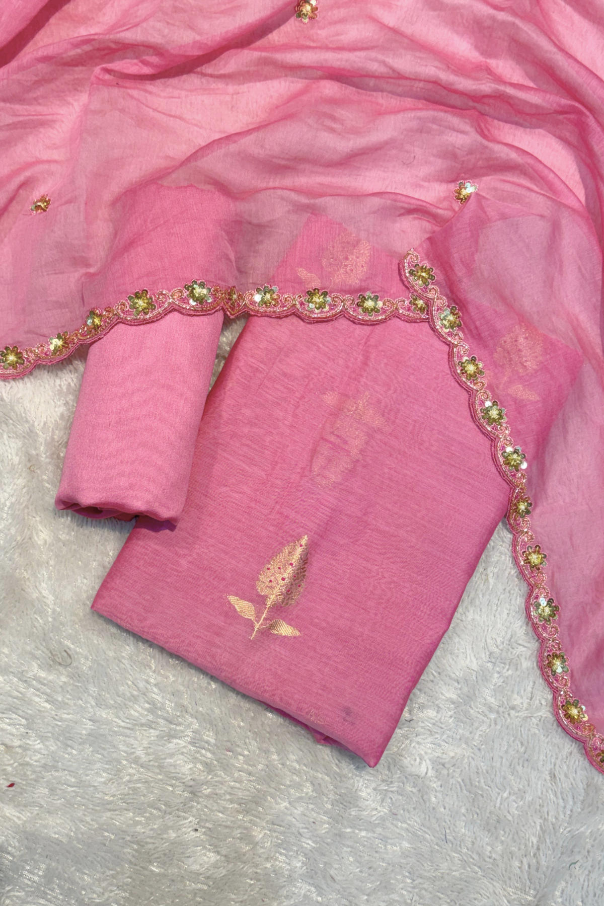 Pure Mul Chanderi Kadwa Weaving With Handwork  - Candy pink