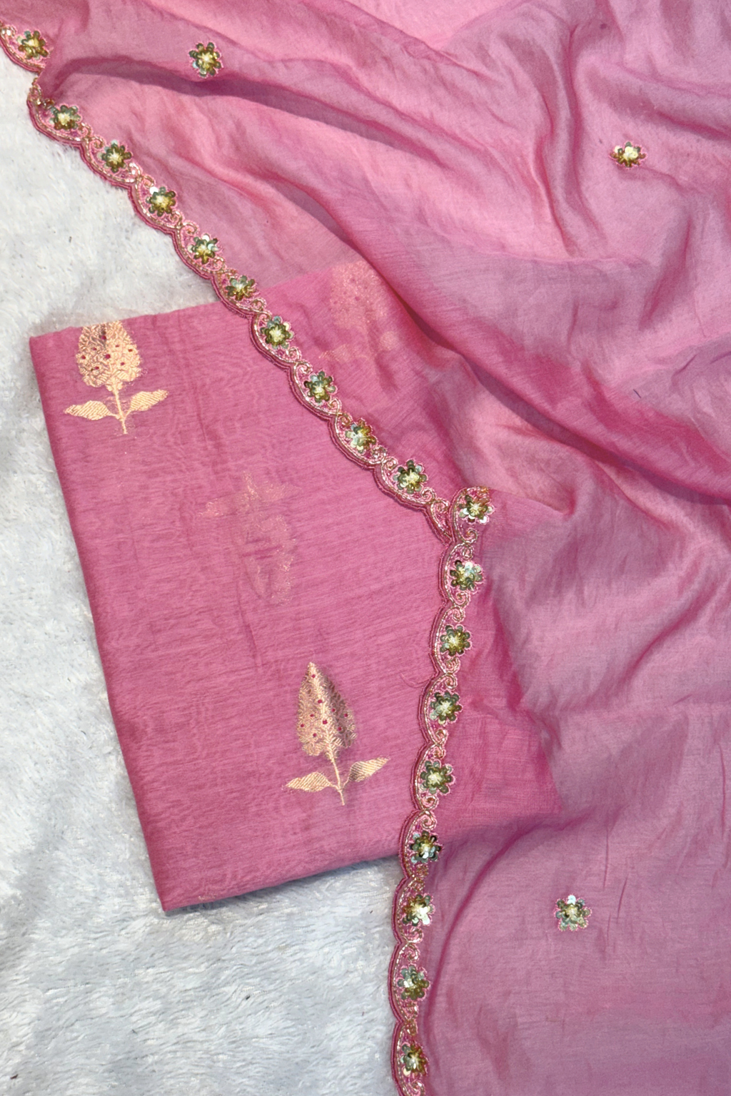 Pure Mul Chanderi Kadwa Weaving With Handwork  - Candy pink