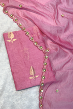 Pure Mul Chanderi Kadwa Weaving With Handwork  - Candy pink