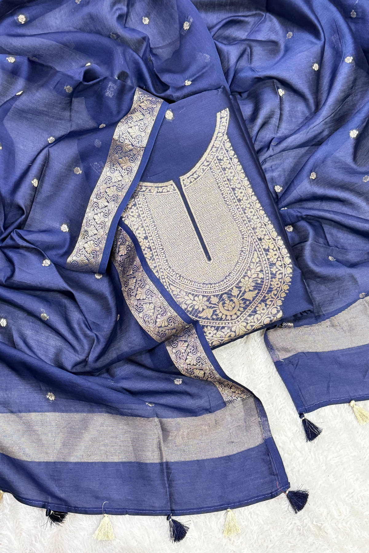 Pure Mul Chanderi Banarasi Weaving Suit Set - Navy Blue