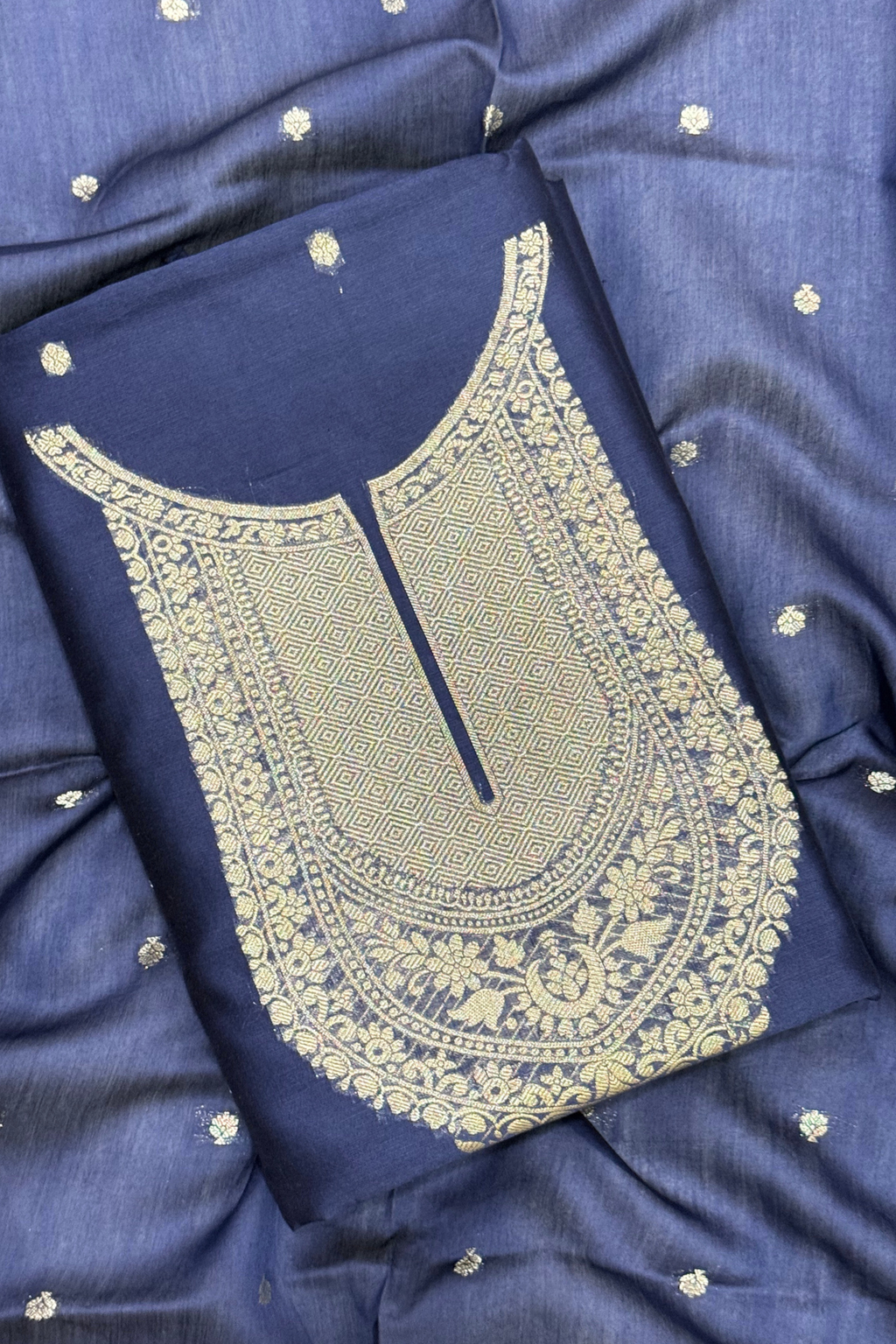 Pure Mul Chanderi Banarasi Weaving Suit Set - Navy Blue