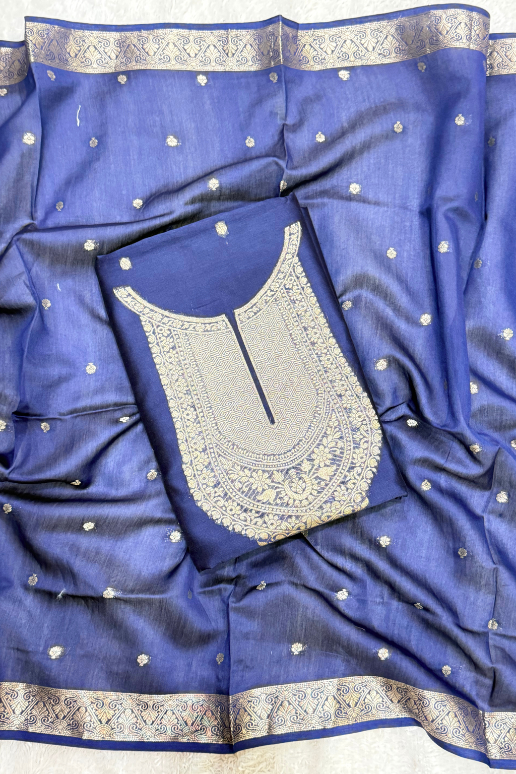 Pure Mul Chanderi Banarasi Weaving Suit Set - Navy Blue