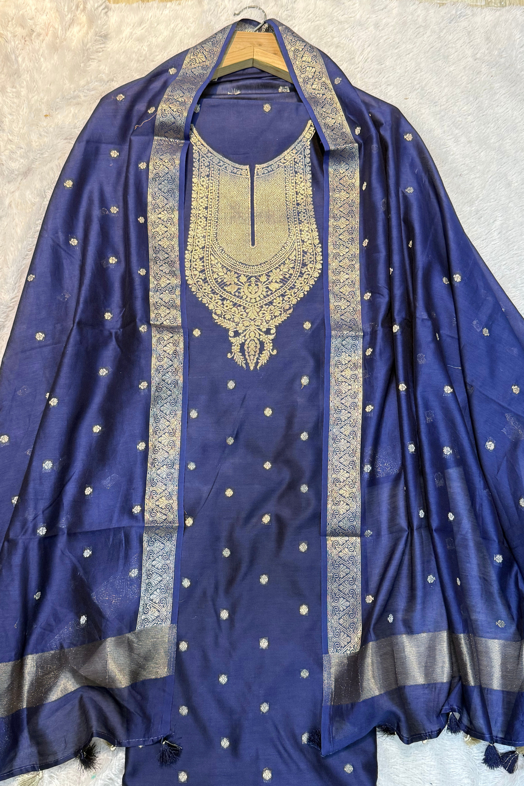 Pure Mul Chanderi Banarasi Weaving Suit Set - Navy Blue