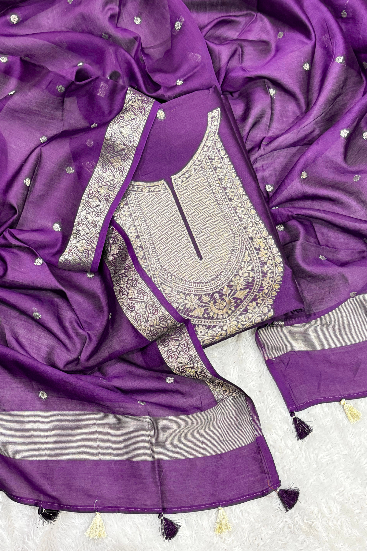 Pure Mul Chanderi Banarasi Weaving Suit Set - Purple Wine