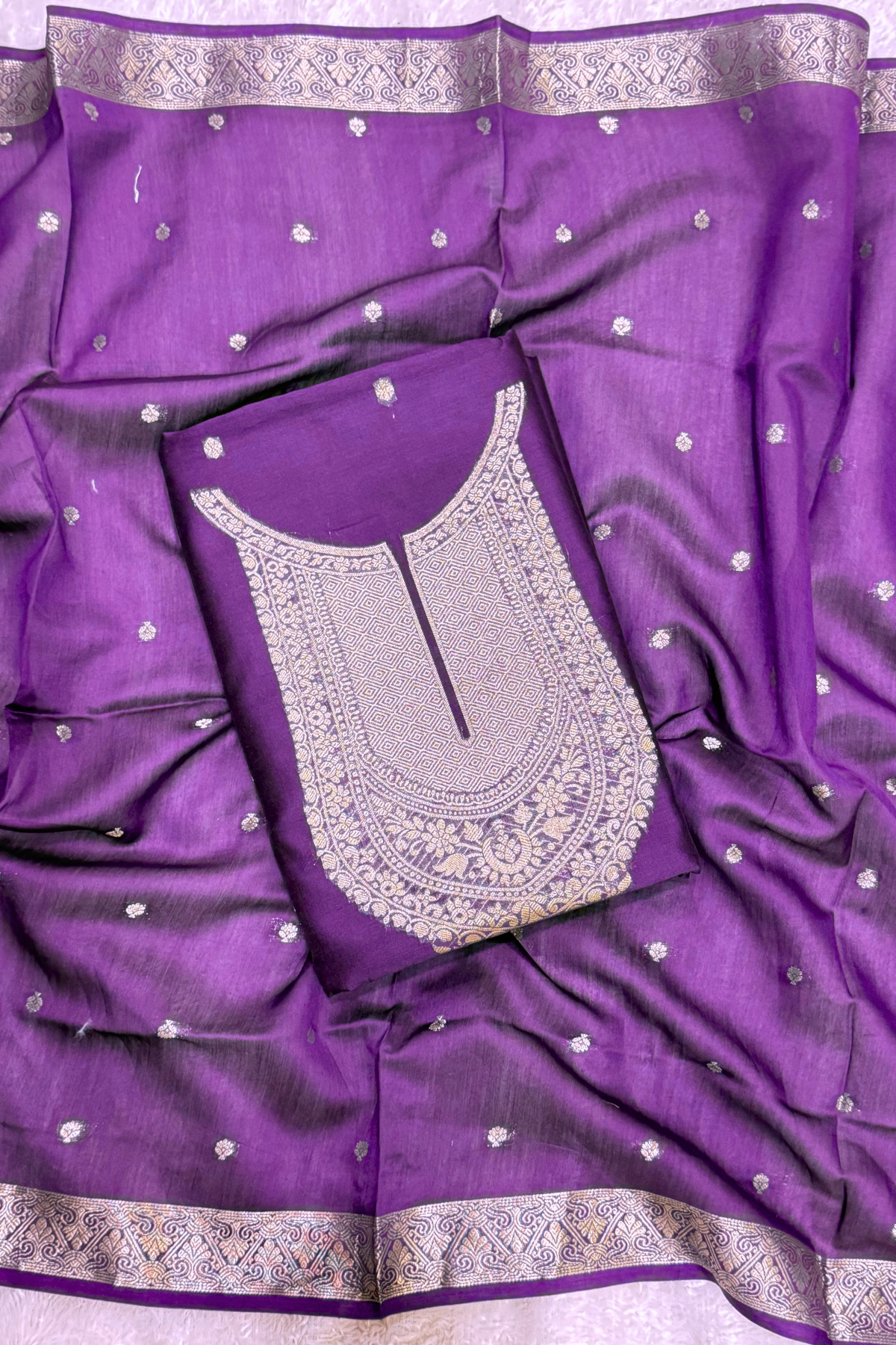 Pure Mul Chanderi Banarasi Weaving Suit Set - Purple Wine