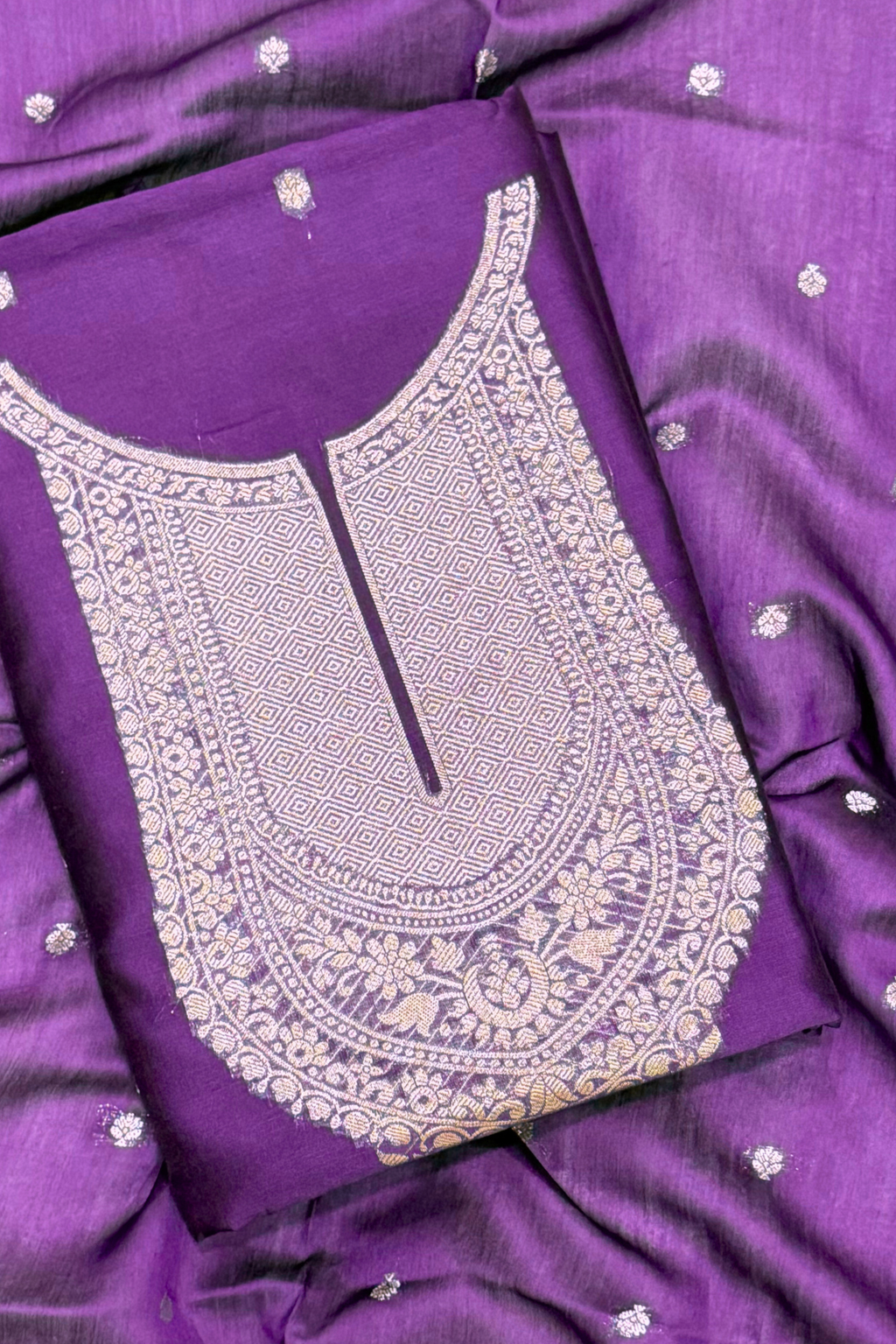 Pure Mul Chanderi Banarasi Weaving Suit Set - Purple Wine