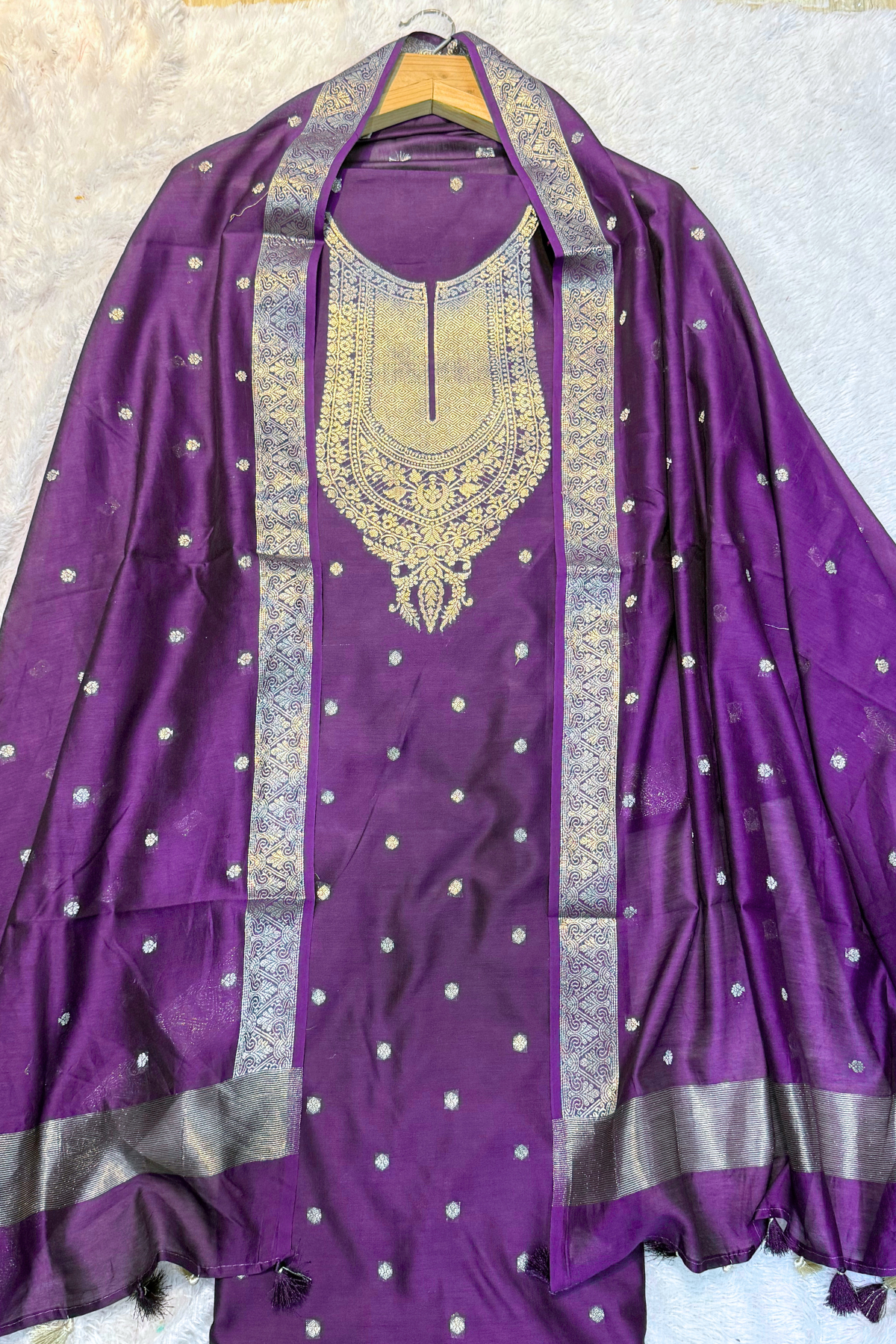 Pure Mul Chanderi Banarasi Weaving Suit Set - Purple Wine