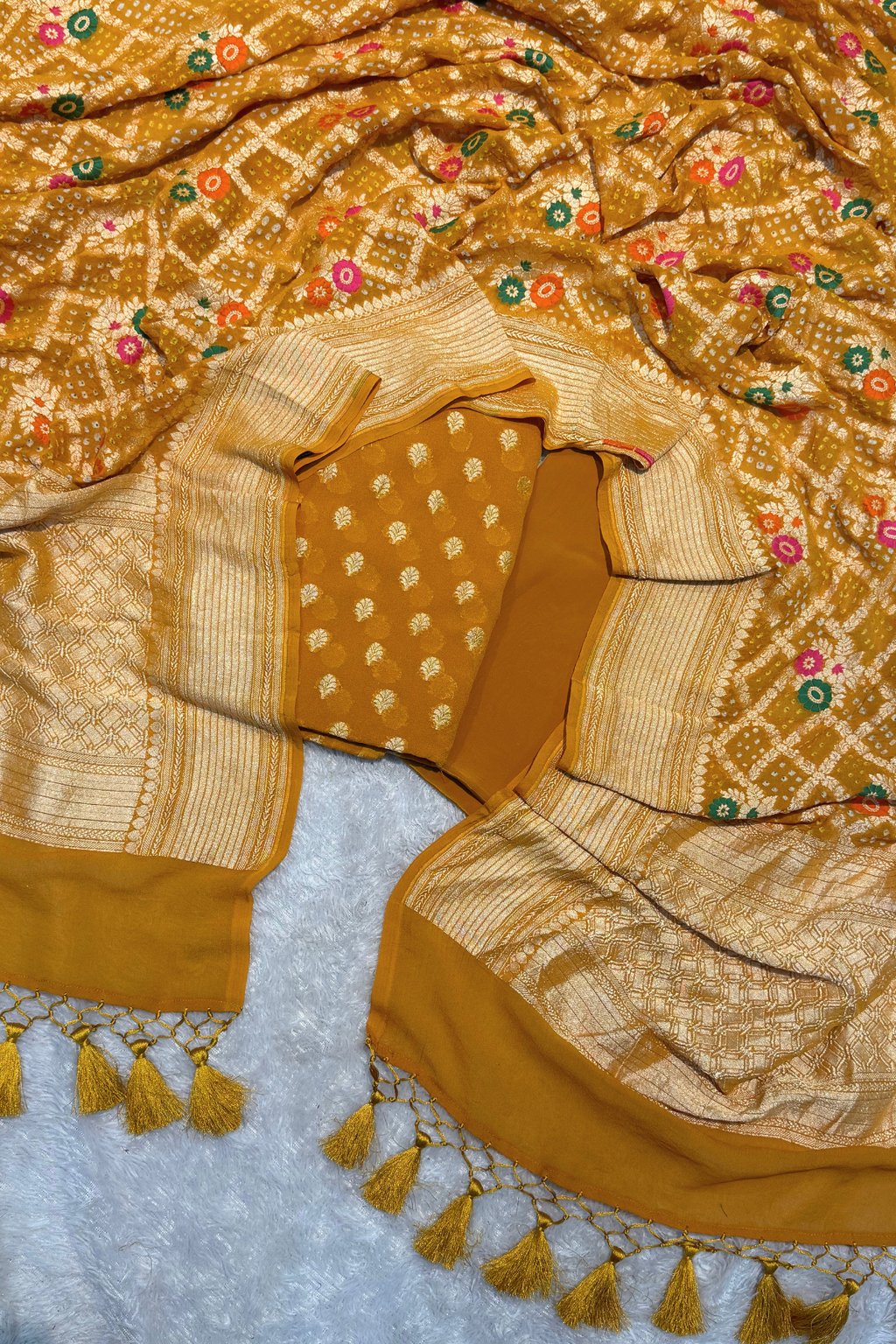 Pure khaddi georgette meenakari bandhej -  Mustard Yellow